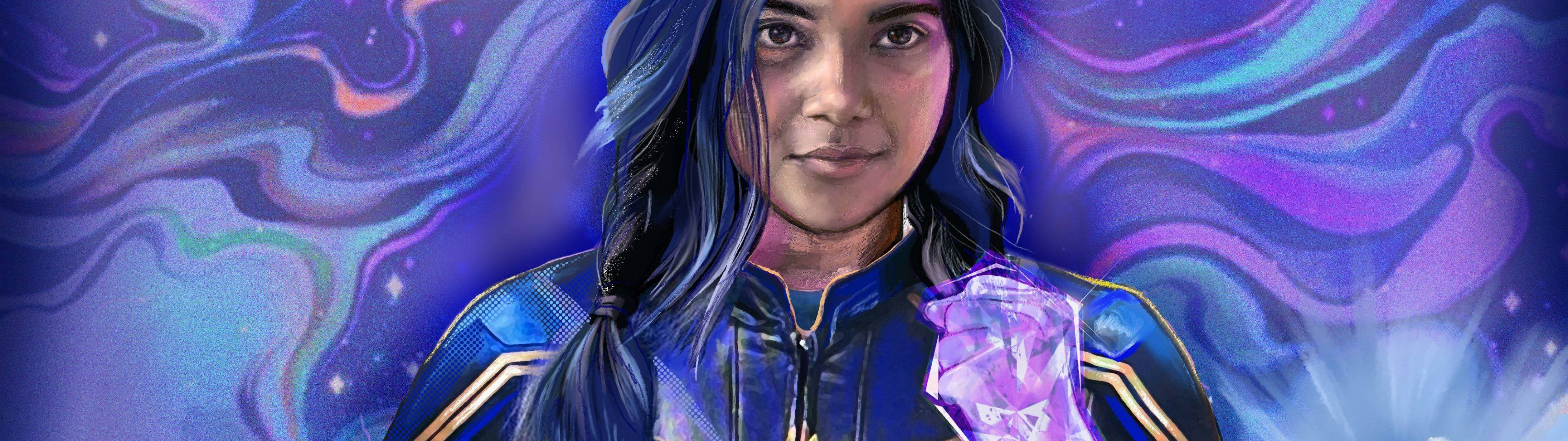 Ms Marvel, blue hair, glowing crystal, 5K Desktop Wallpaper