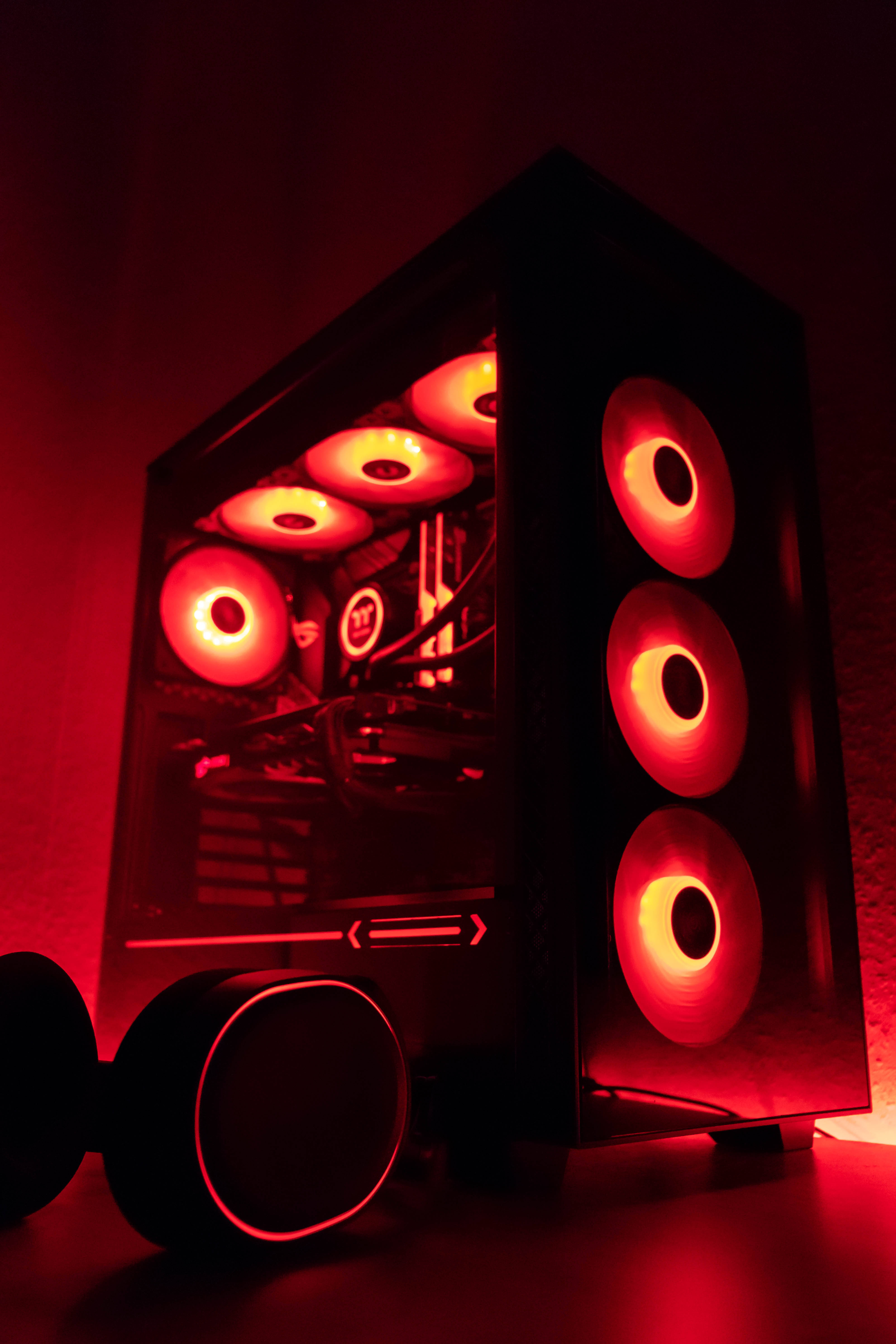 MSI, red gaming set up, black computer case, 5K Phone Wallpaper