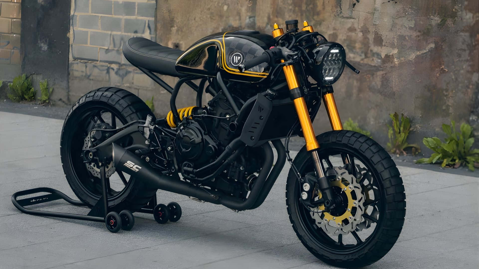 custom cafe racer motorcycle, black and gold, yellow suspension, Full HD Desktop Wallpaper