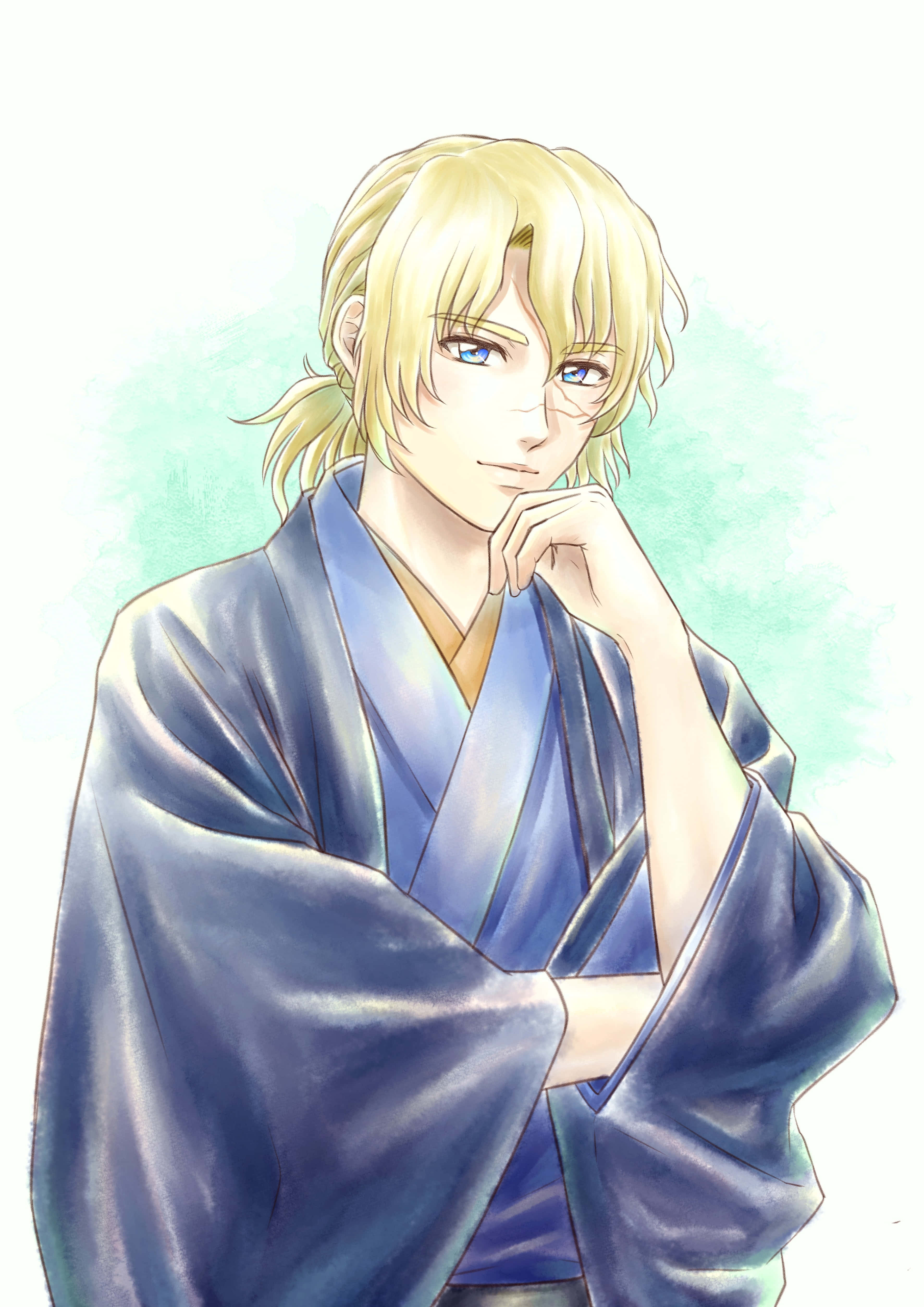 Mu La Flaga, blue kimono, blonde hair, 4K Phone Wallpaper