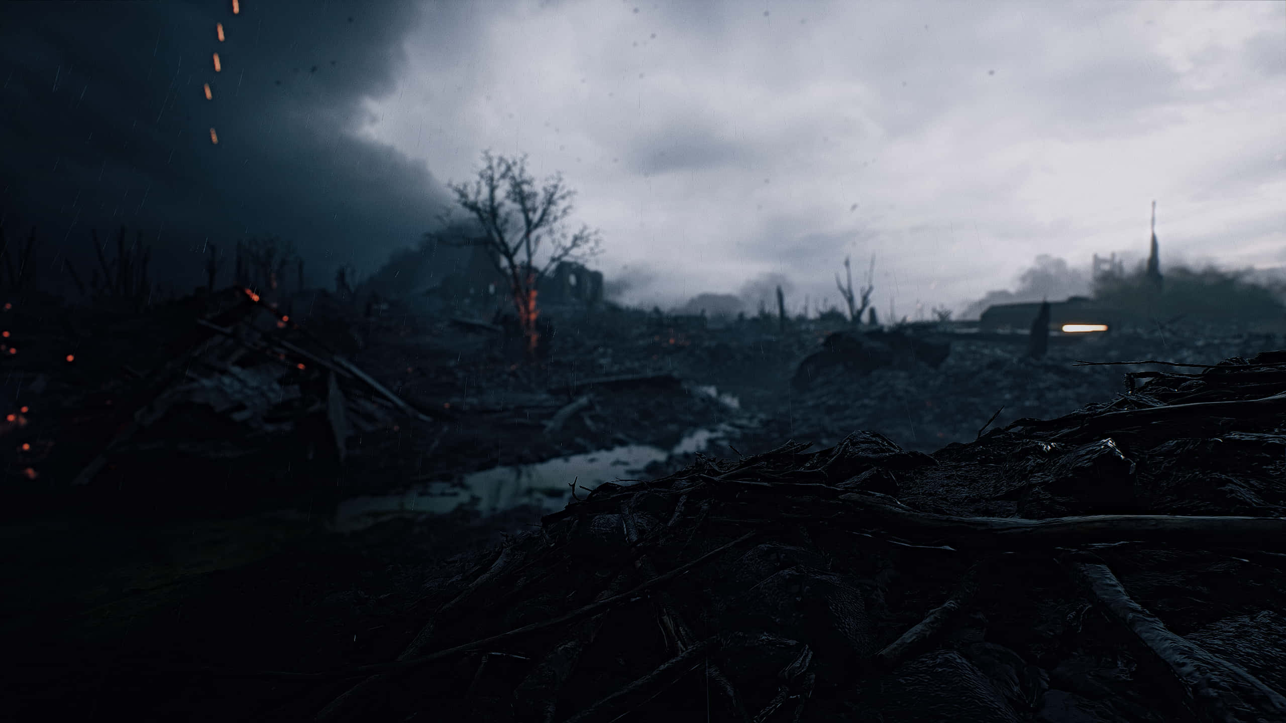 dark crumbling ruined city, stormy skies, smoldering ruins, 2K Desktop Wallpaper