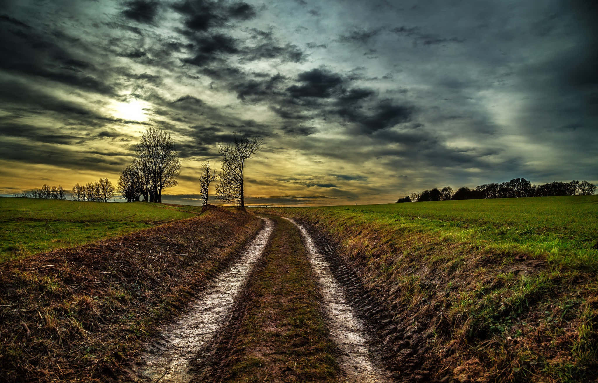 mud road, tire tracks, sunset, Full HD Desktop Wallpaper
