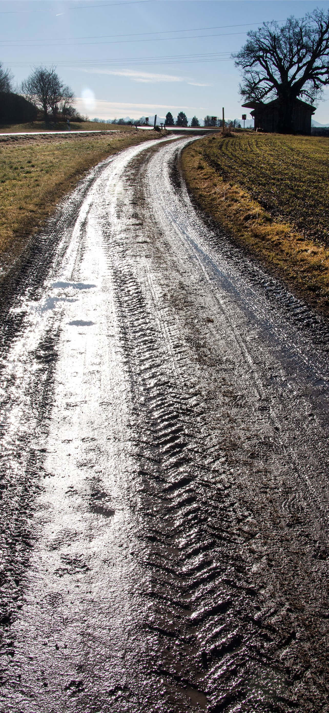 wet road, dirty mud, tire tracks, 2K Phone Wallpaper