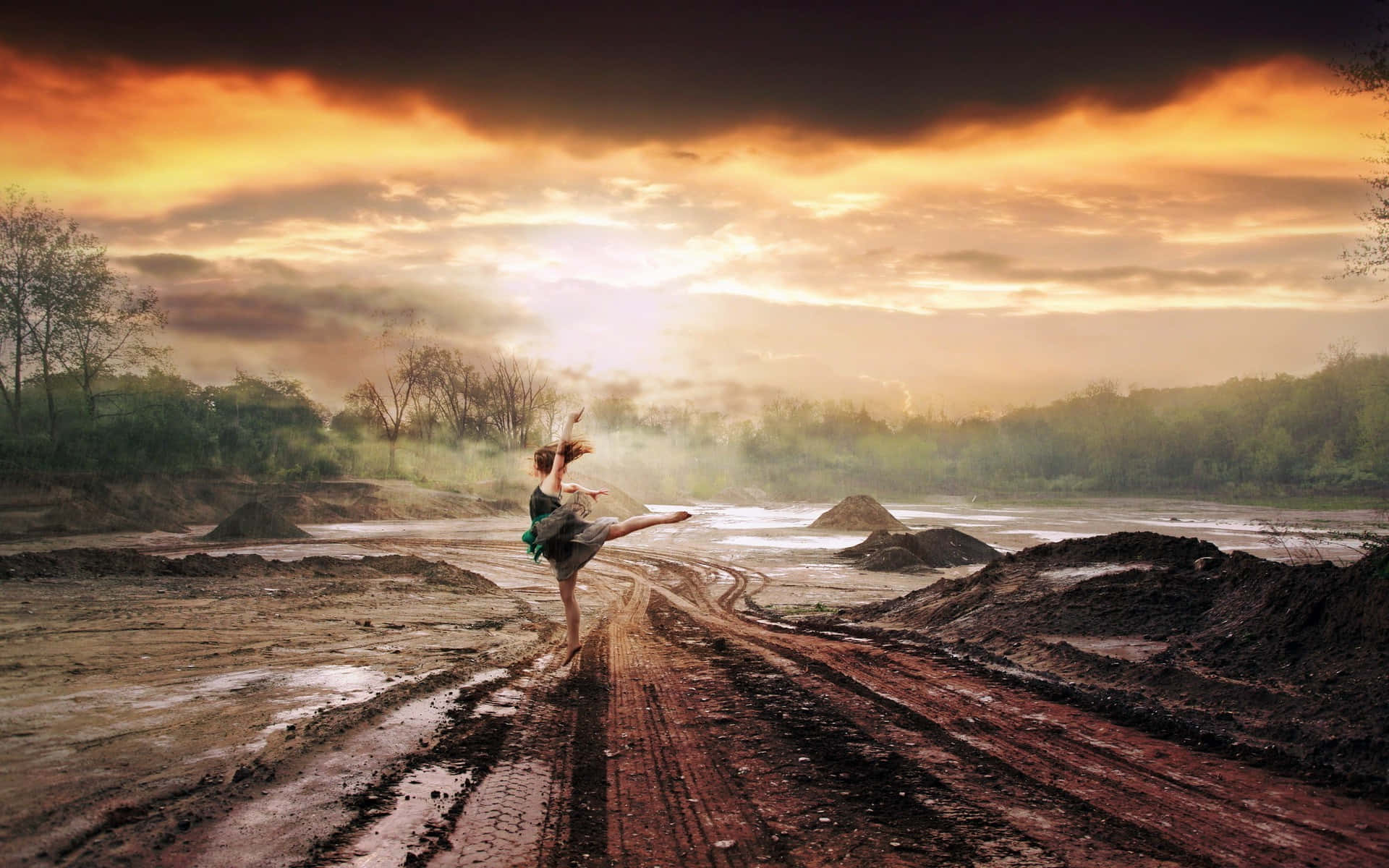 girl, dancing, mud road, Full HD Desktop Wallpaper
