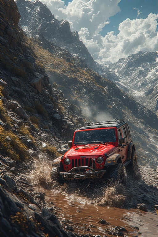 red jeep, muddy mountain stream, cloudy sky, SD Phone Wallpaper