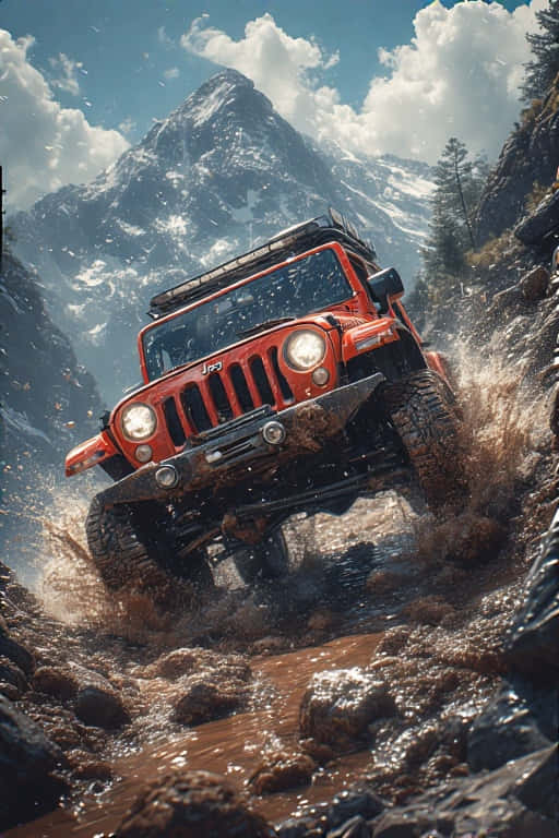 orange jeep, muddy mountain stream, snowcapped peaks, SD Phone Wallpaper