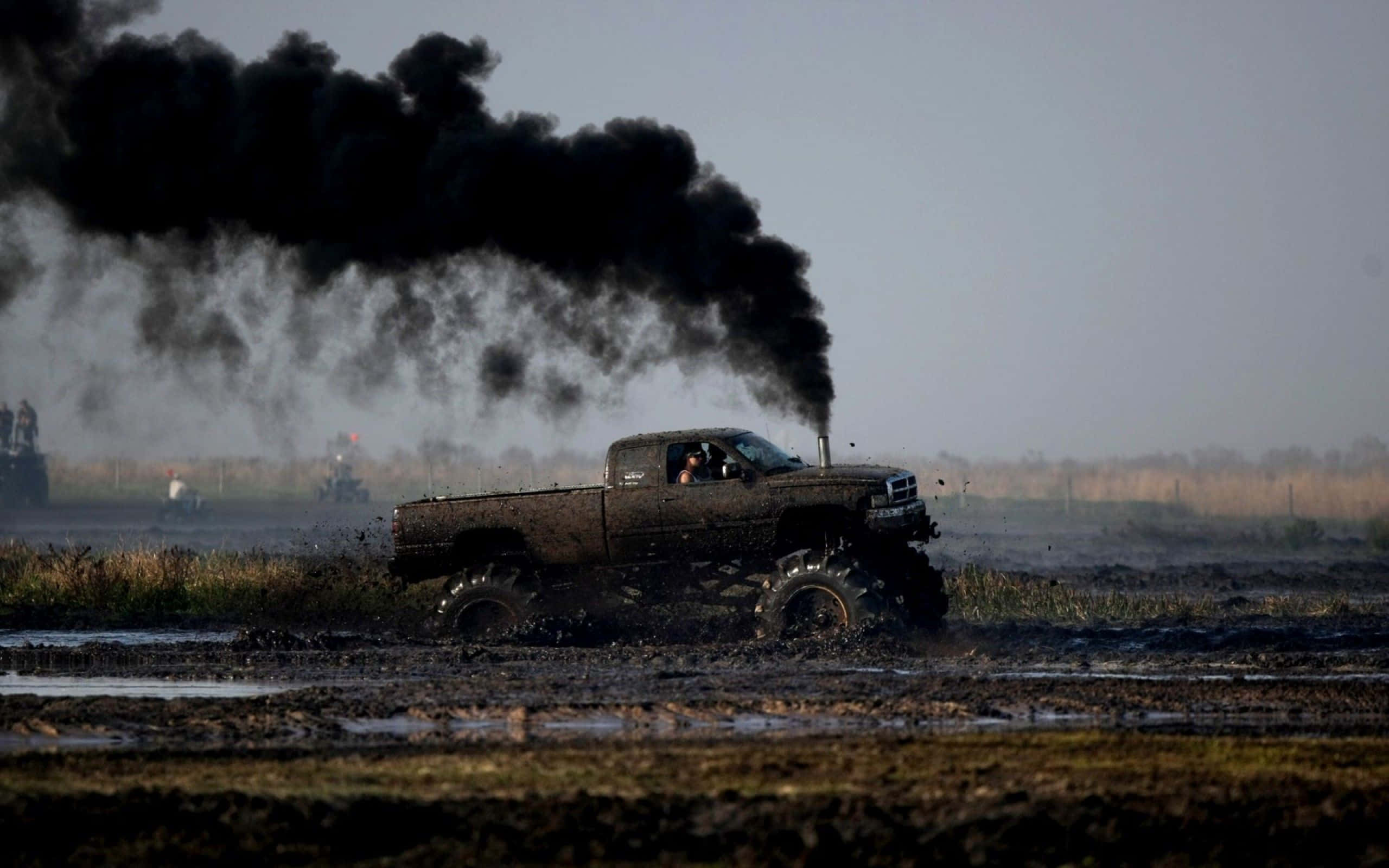 diesel truck, black coal smoke, mud road, 2K Desktop Wallpaper