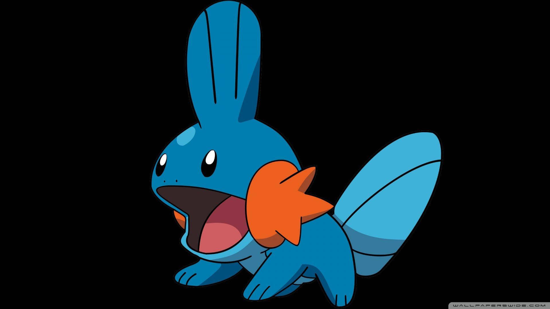 Mudkip, blue cartoon rabbit-like Pokémon, orange fin on its neck, Full HD Desktop Wallpaper