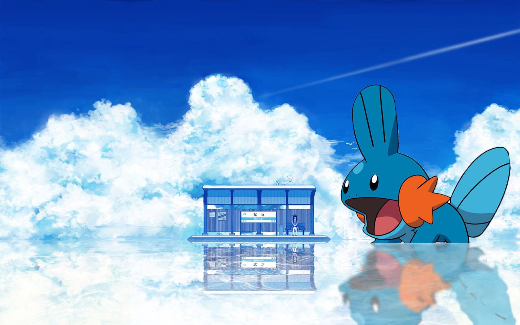 Mudkip, blue animated frog Pokémon, floating train station, HD Desktop Wallpaper