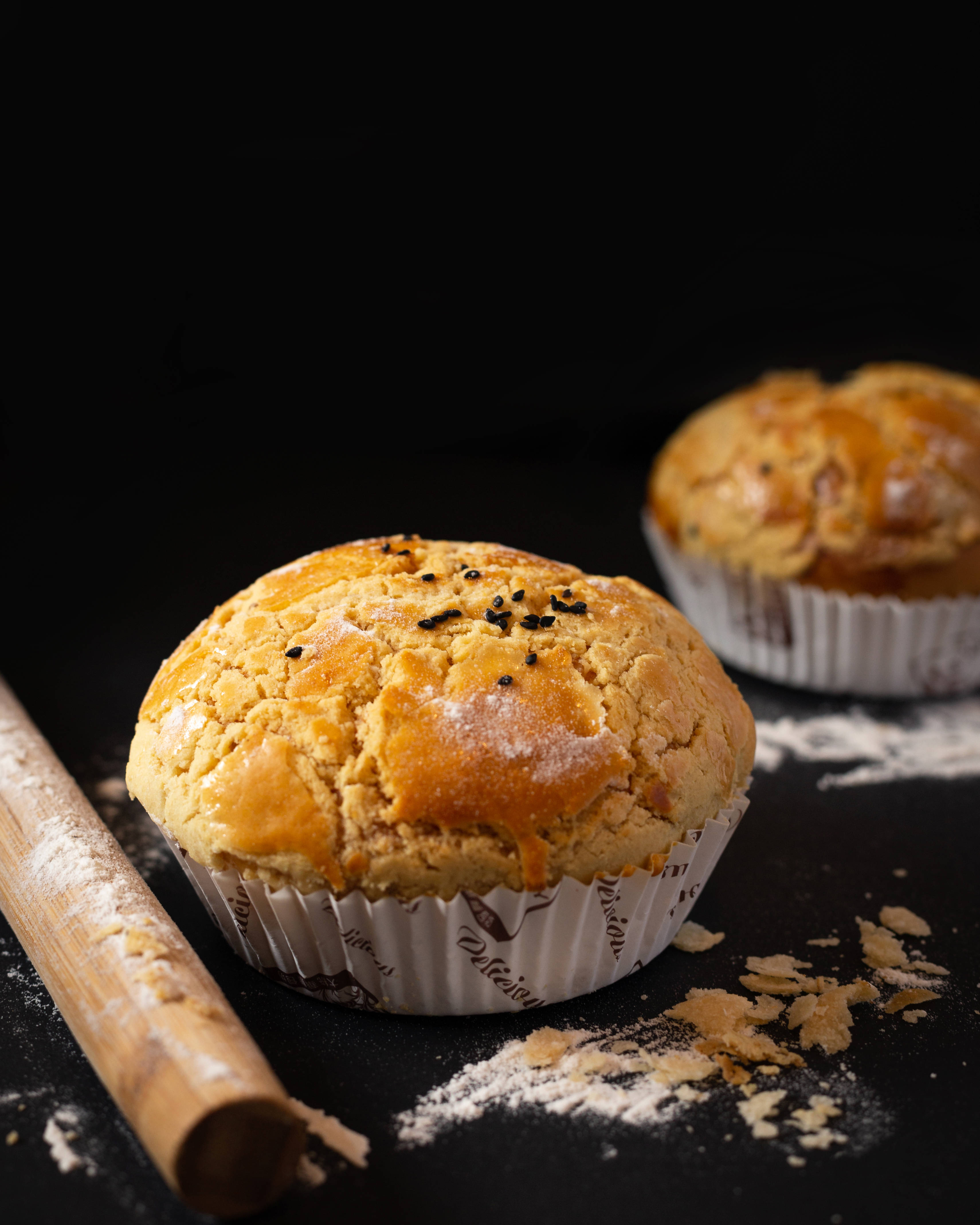 large muffins, rolling pin, black sesame seeds, 4K Phone Wallpaper
