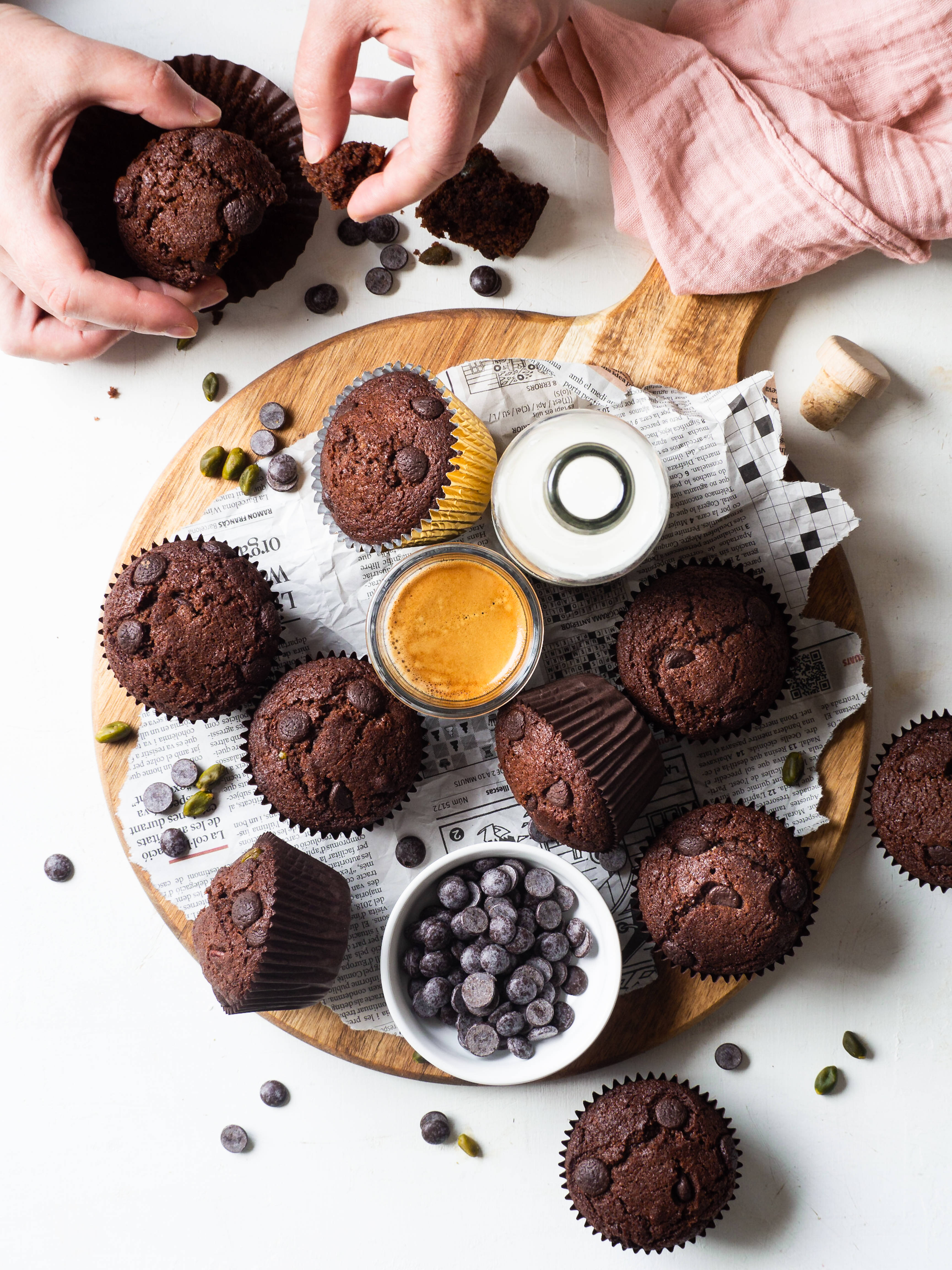 assorted chocolate chip muffins, chocolate chips, espresso, 4K Phone Wallpaper