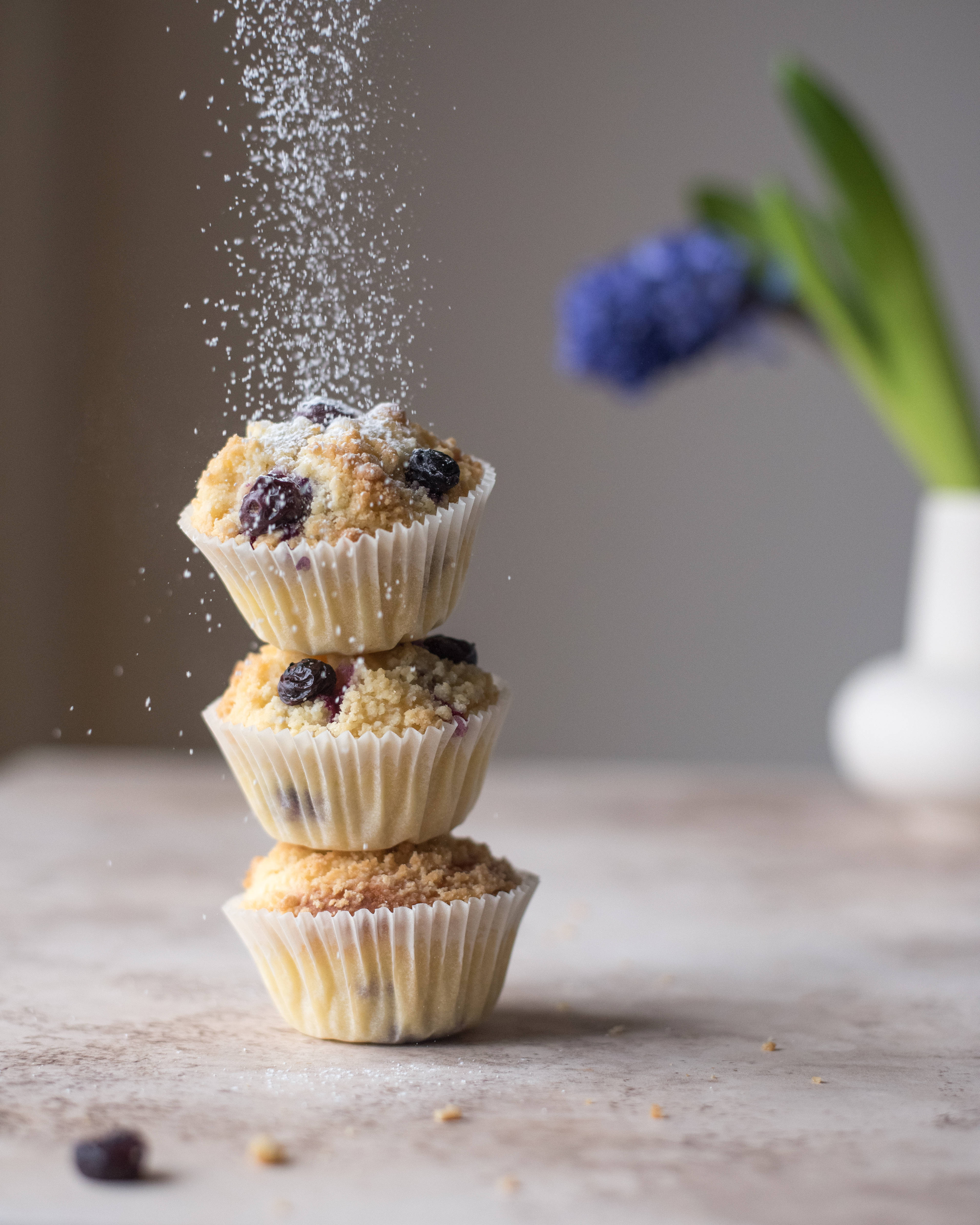 muffin tower with sprinkles, blueberry muffins, powdered sugar, 4K Phone Wallpaper