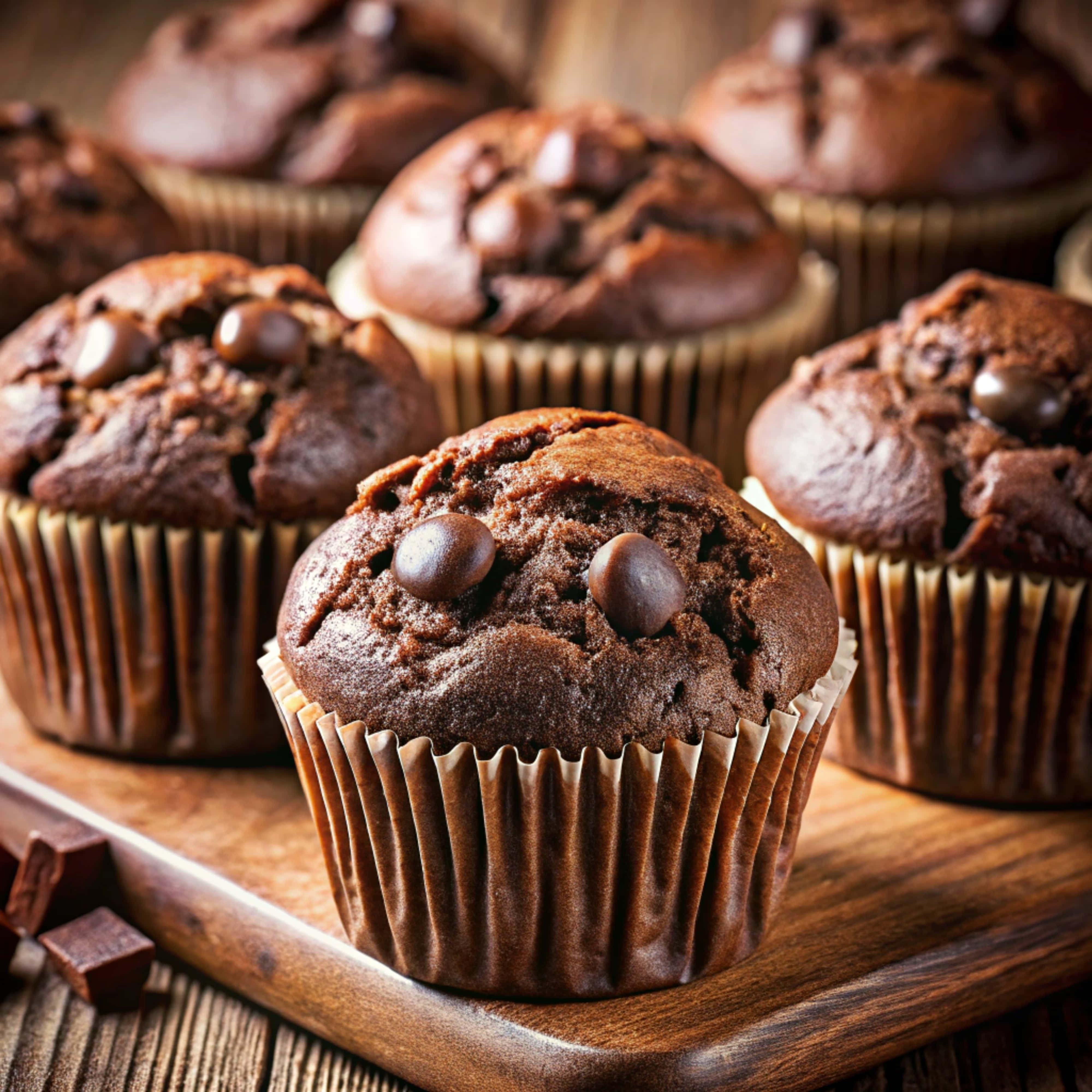 delicious chocolate muffins, glossy chocolate chips, brown paper liners, 4K Desktop Wallpaper