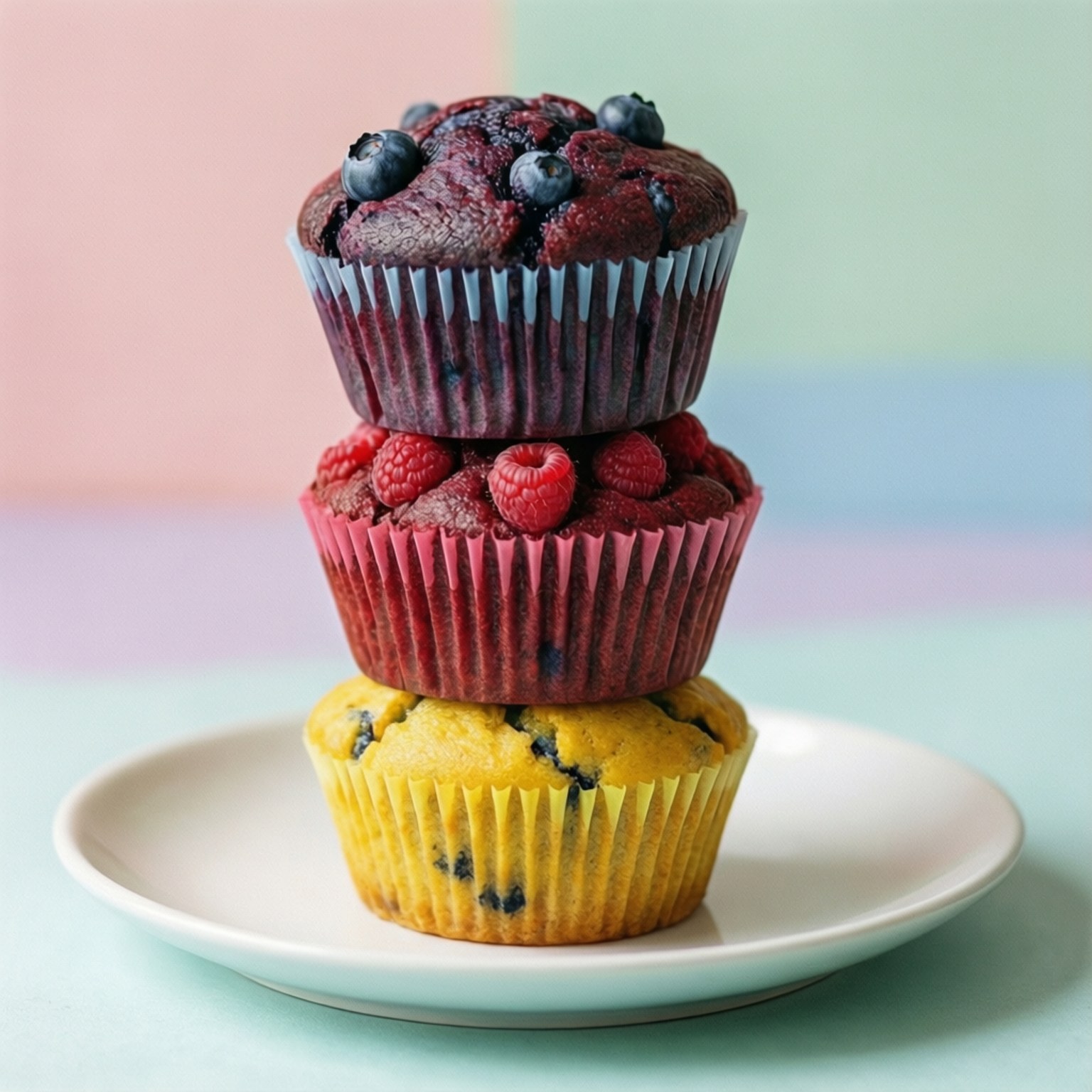 colorful muffin stack, blueberry muffin, raspberry muffin, HD Desktop Wallpaper