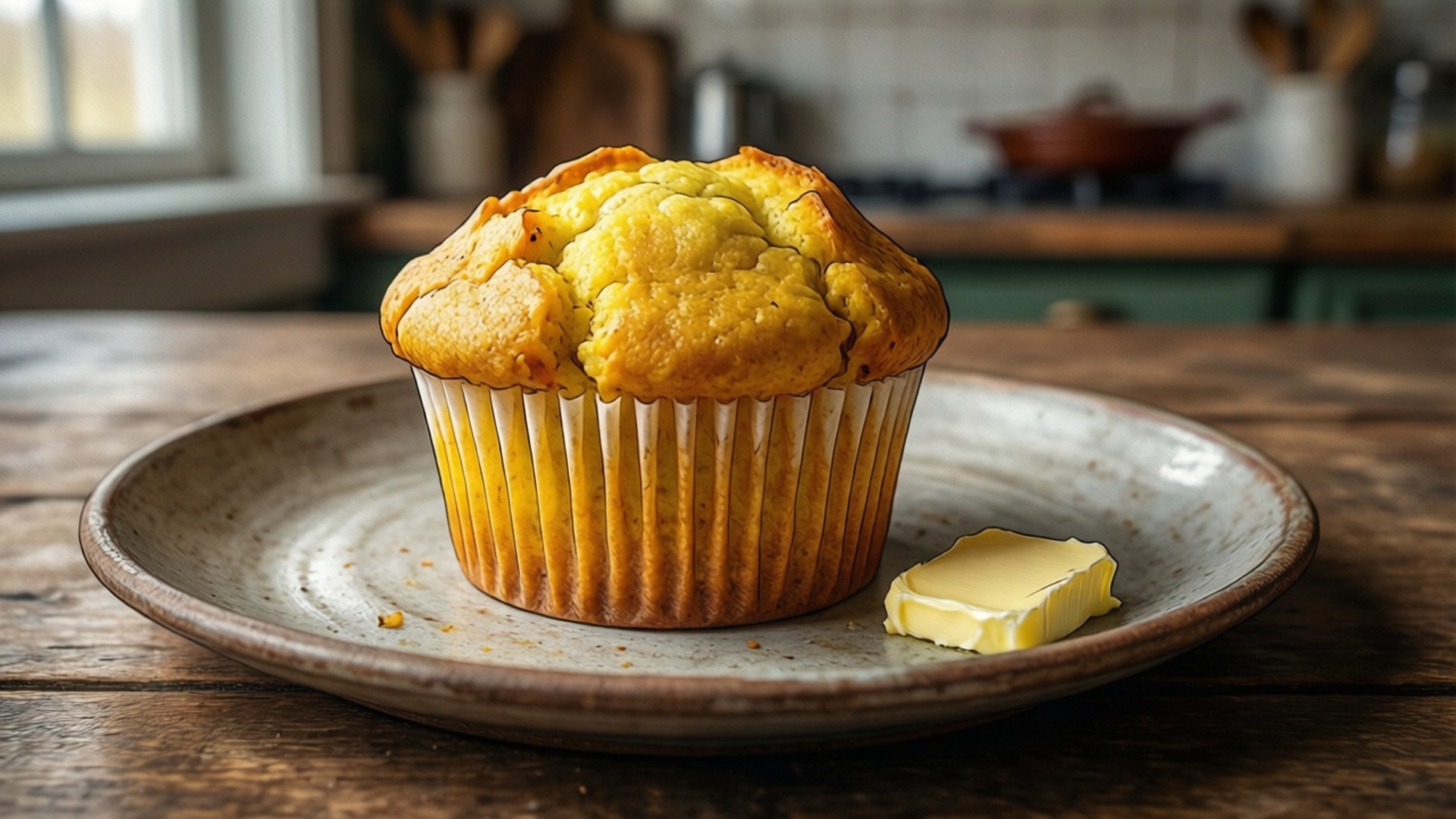buttered corn muffin, golden cornbread muffin, butter pat, Full HD Desktop Wallpaper