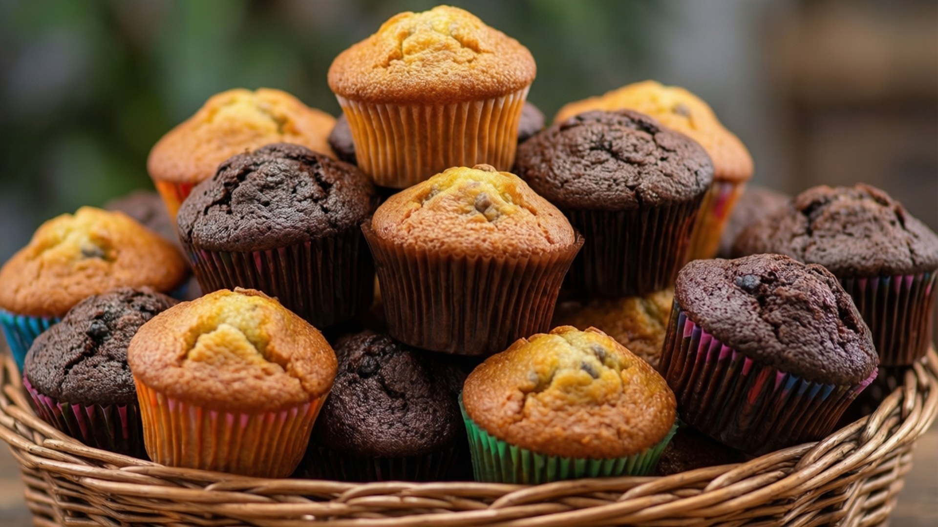 basket, golden muffins, chocolate muffins, Full HD Desktop Wallpaper