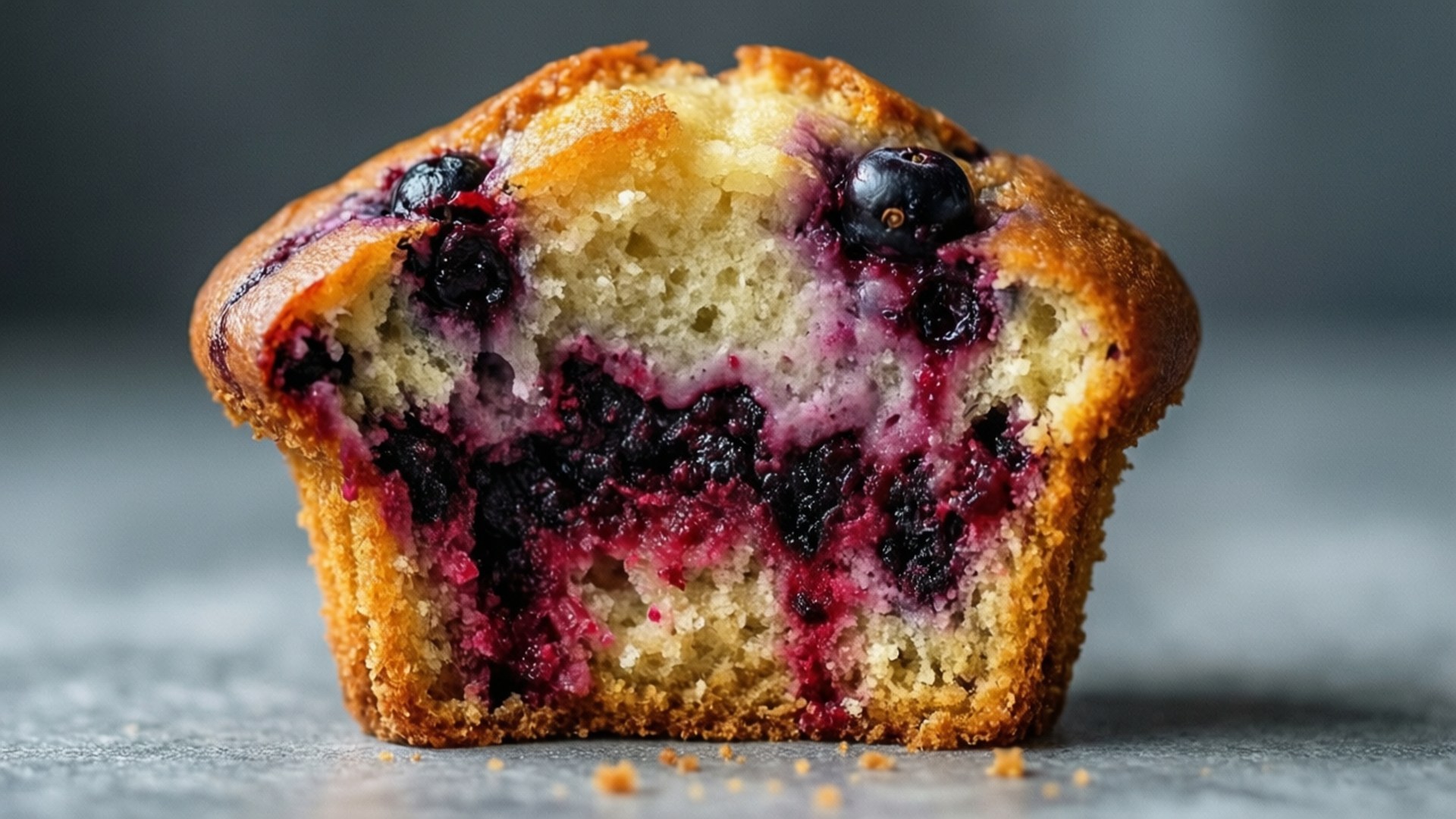 blueberry muffin, golden-brown, juicy purple berries, Full HD Desktop Wallpaper