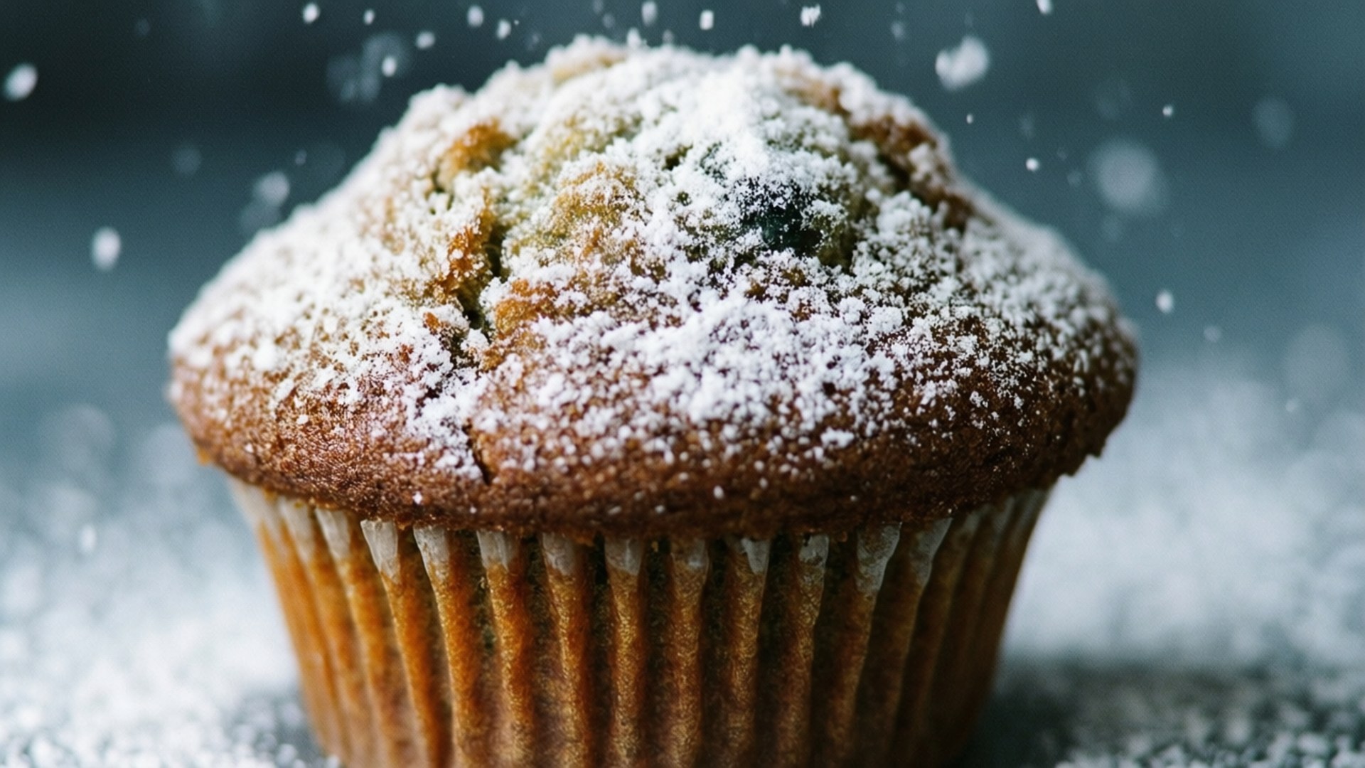 snowy muffin, golden brown muffin, powdered sugar, Full HD Desktop Wallpaper