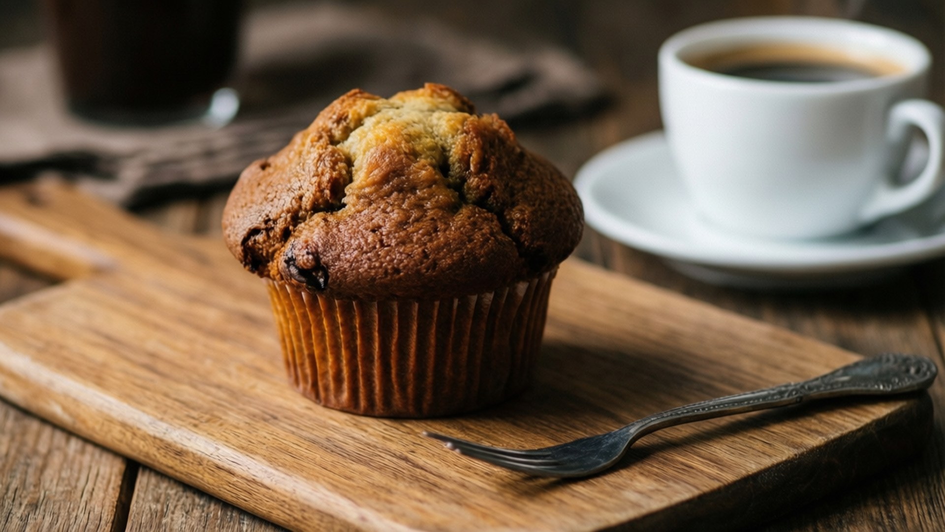 muffin, coffee cup, wooden board, Full HD Desktop Wallpaper