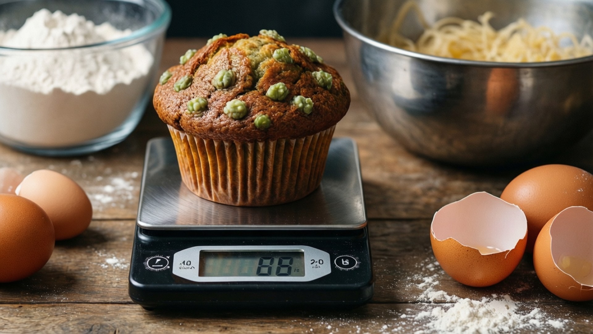 muffin, green peas, digital kitchen scale, Full HD Desktop Wallpaper