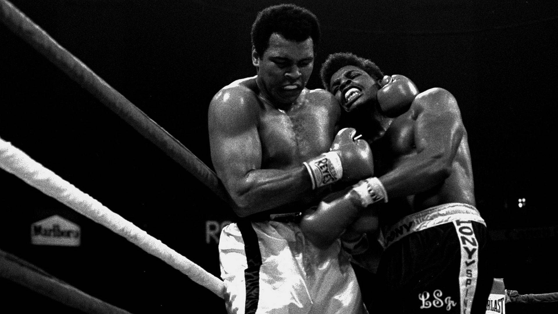 Muhammad Ali, boxing clinch, dimly lit ring, Full HD Desktop Wallpaper