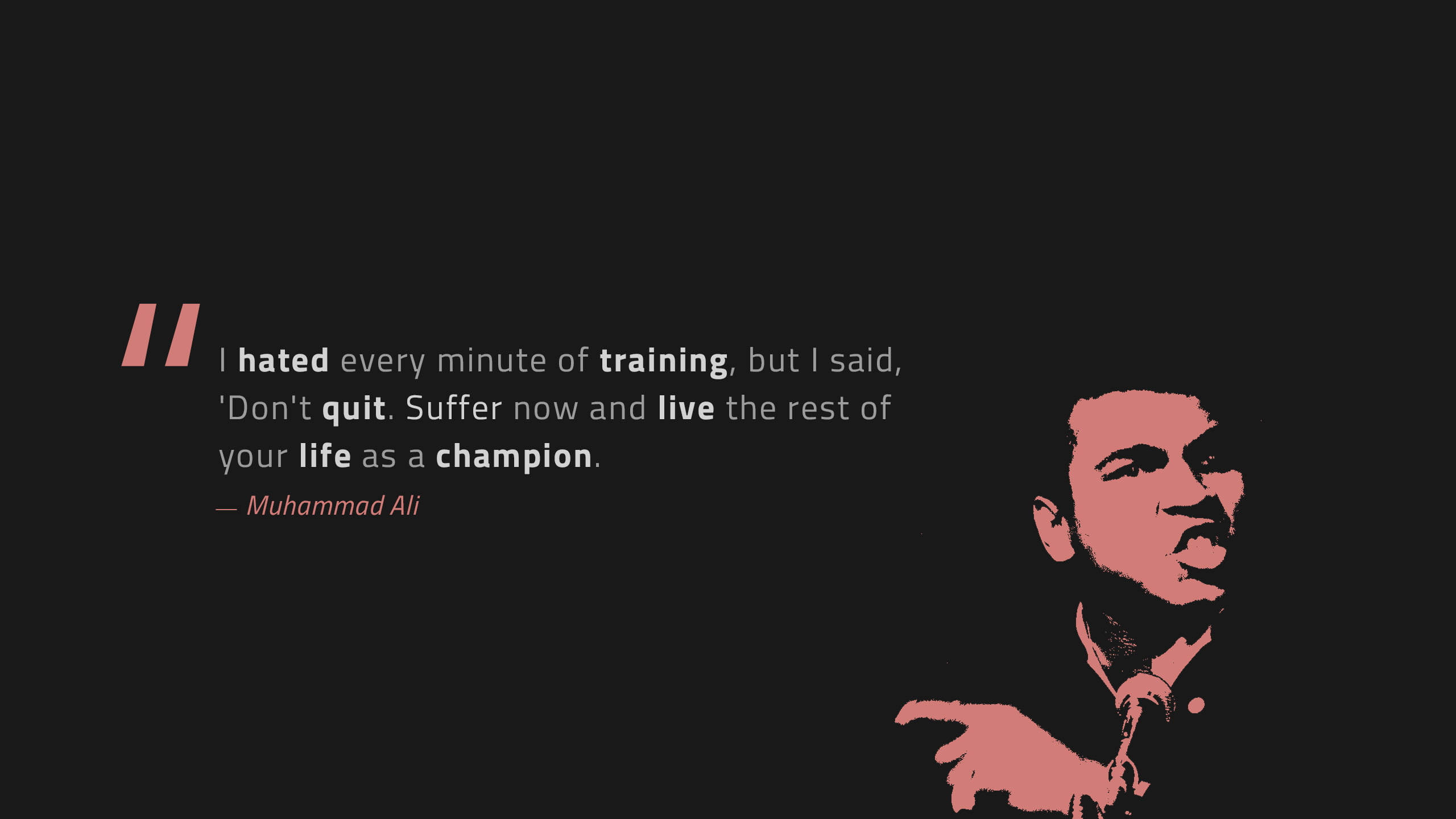 Muhammad Ali, pink graphic illustration, white text, 2K Desktop Wallpaper