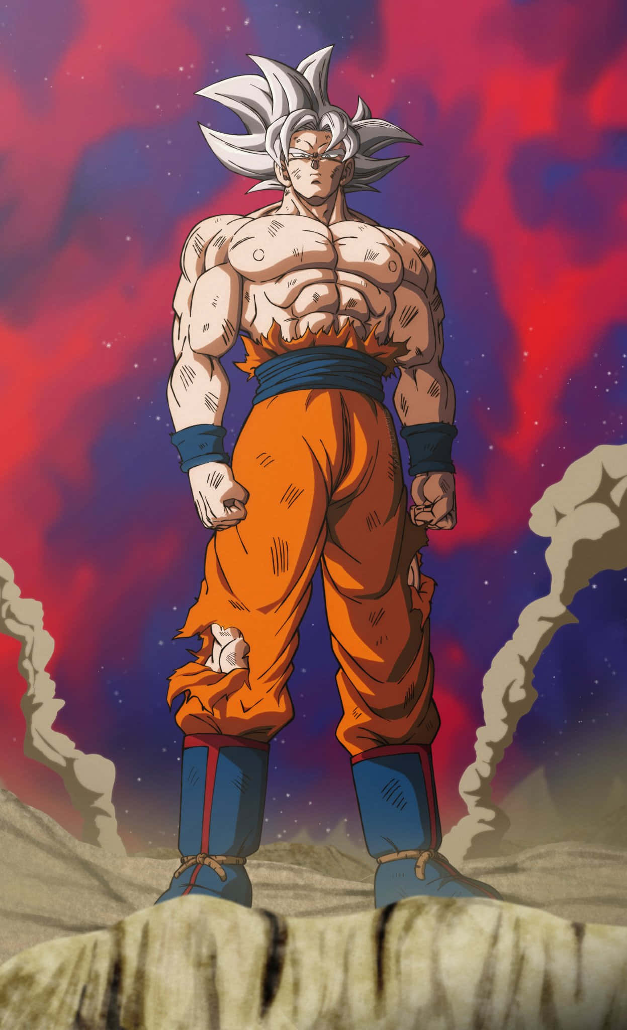 Mui Goku, spiky white hair, rocky outcrop, Full HD Phone Wallpaper