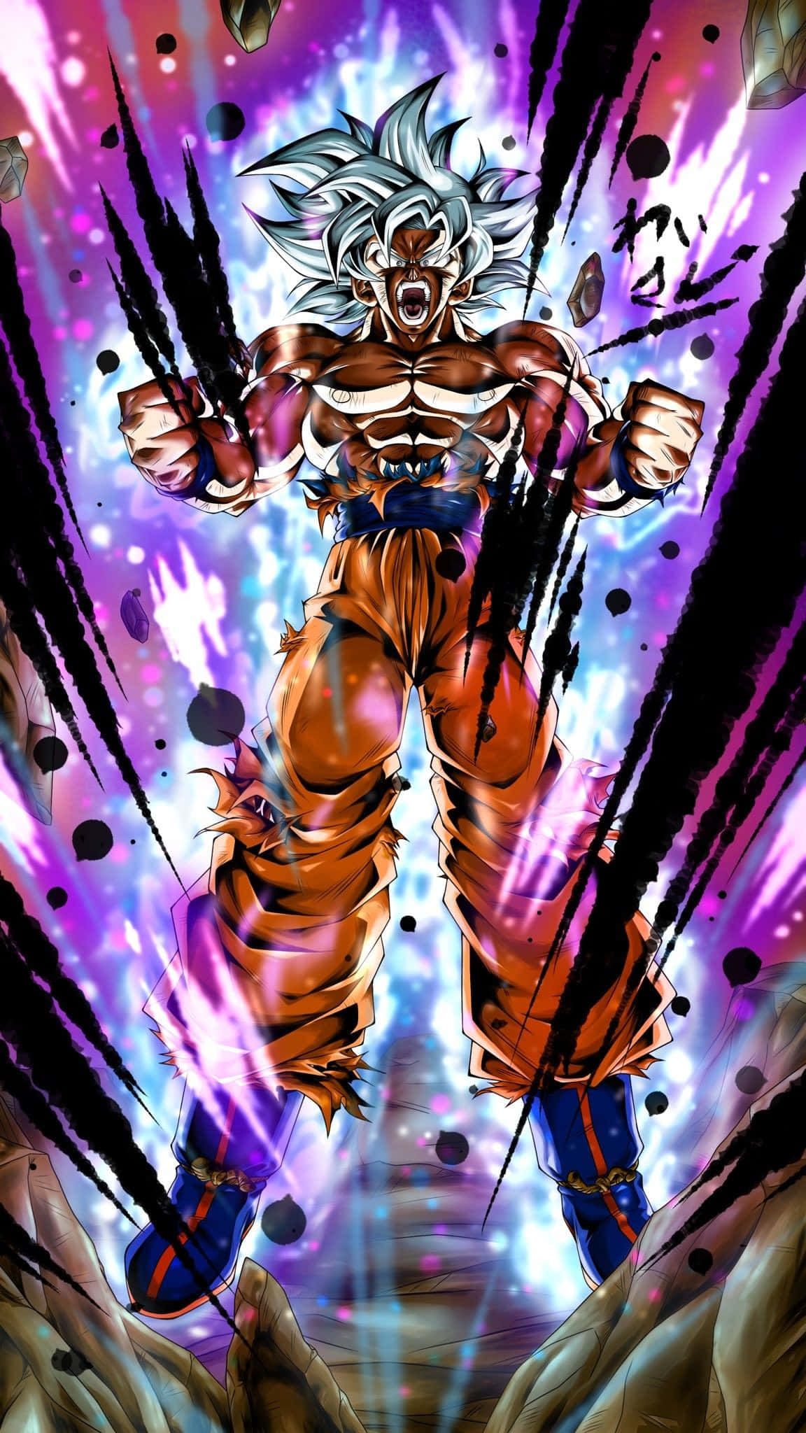 Mui Goku, spiky white hair, vibrant purple and blue energy burst, Full HD Phone Wallpaper