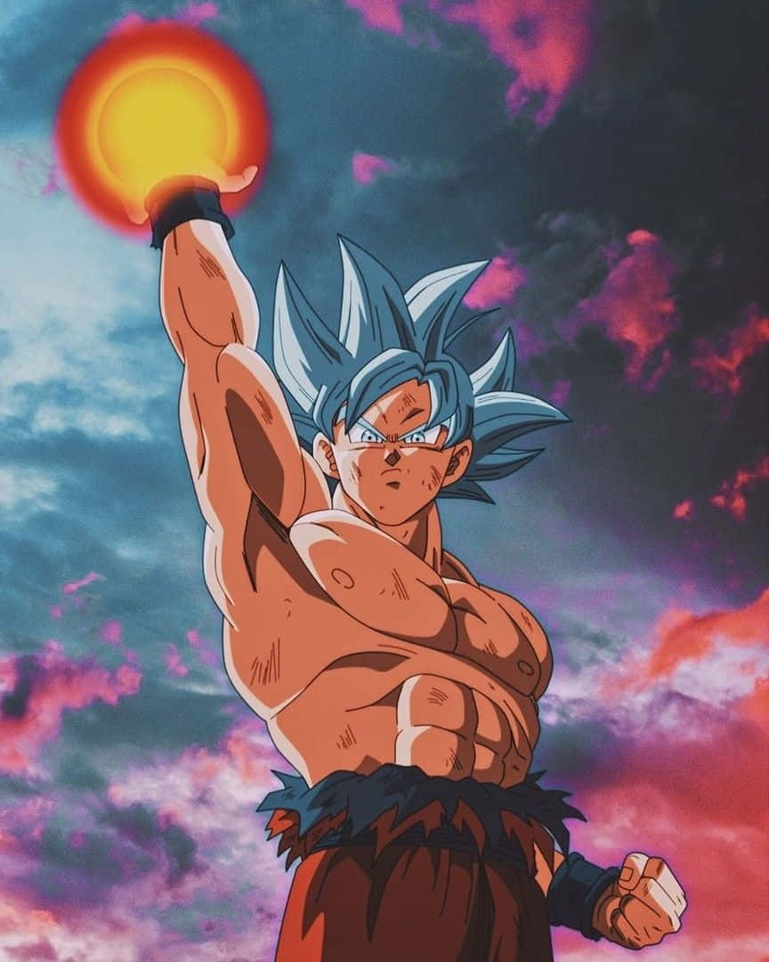 Mui Goku, blue-haired anime warrior, glowing orange sphere, SD Phone Wallpaper