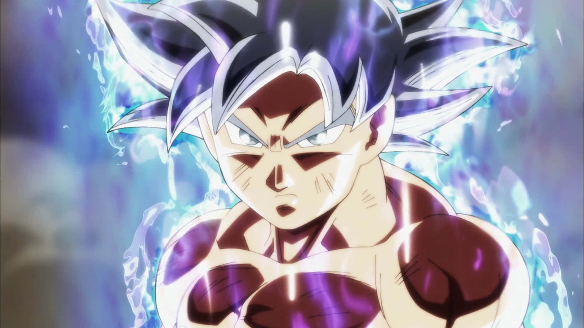 Mui Goku, spiky silver hair, glowing purple aura, Full HD Desktop Wallpaper