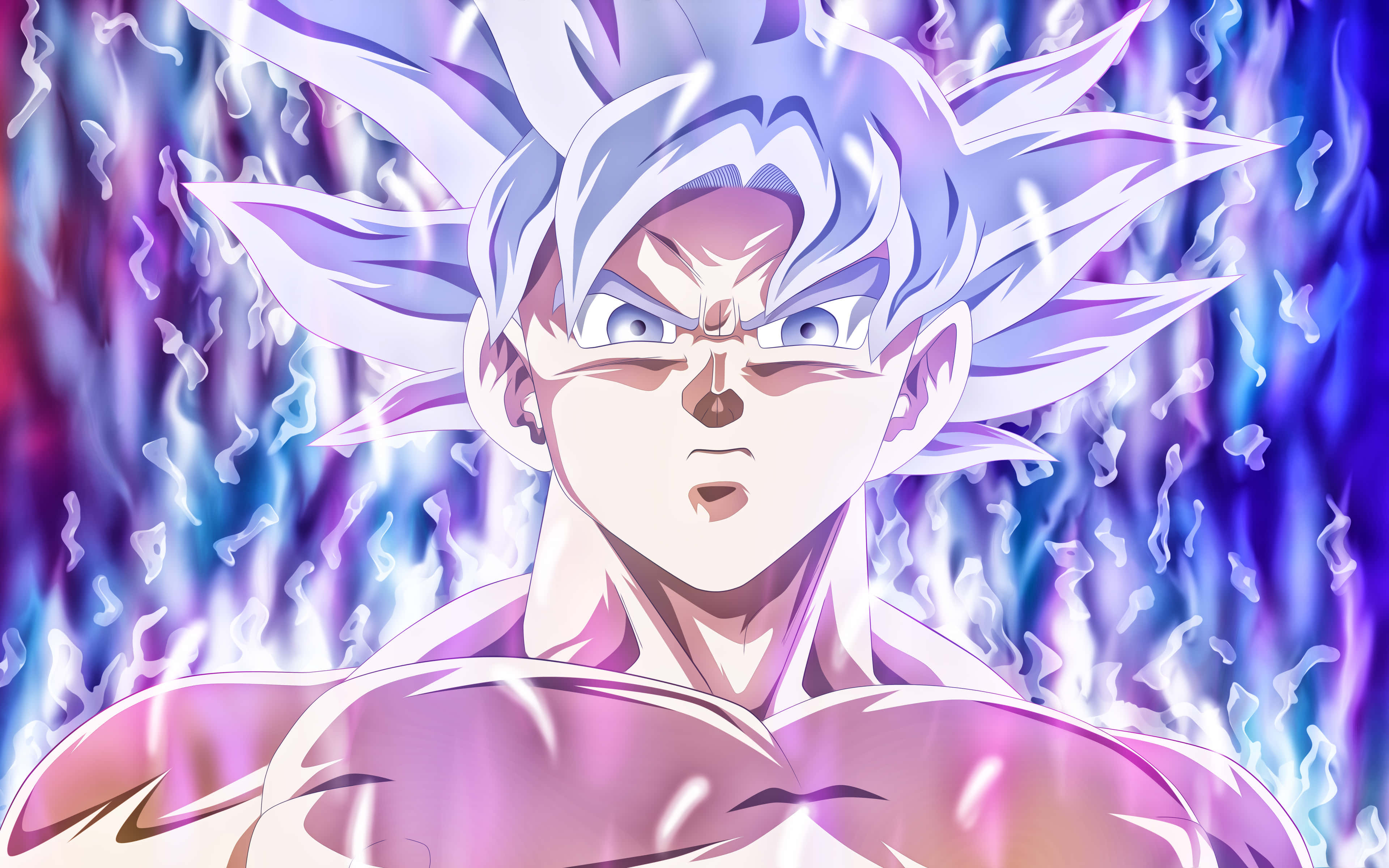 Mui Goku, spiky silver hair, intense blue eyes, 4K Desktop Wallpaper