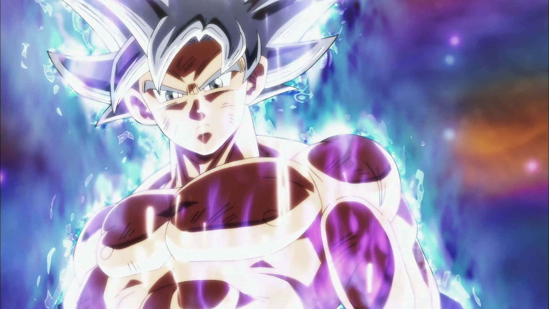 Mui Goku, spiky silver hair, glowing purple aura, Full HD Desktop Wallpaper