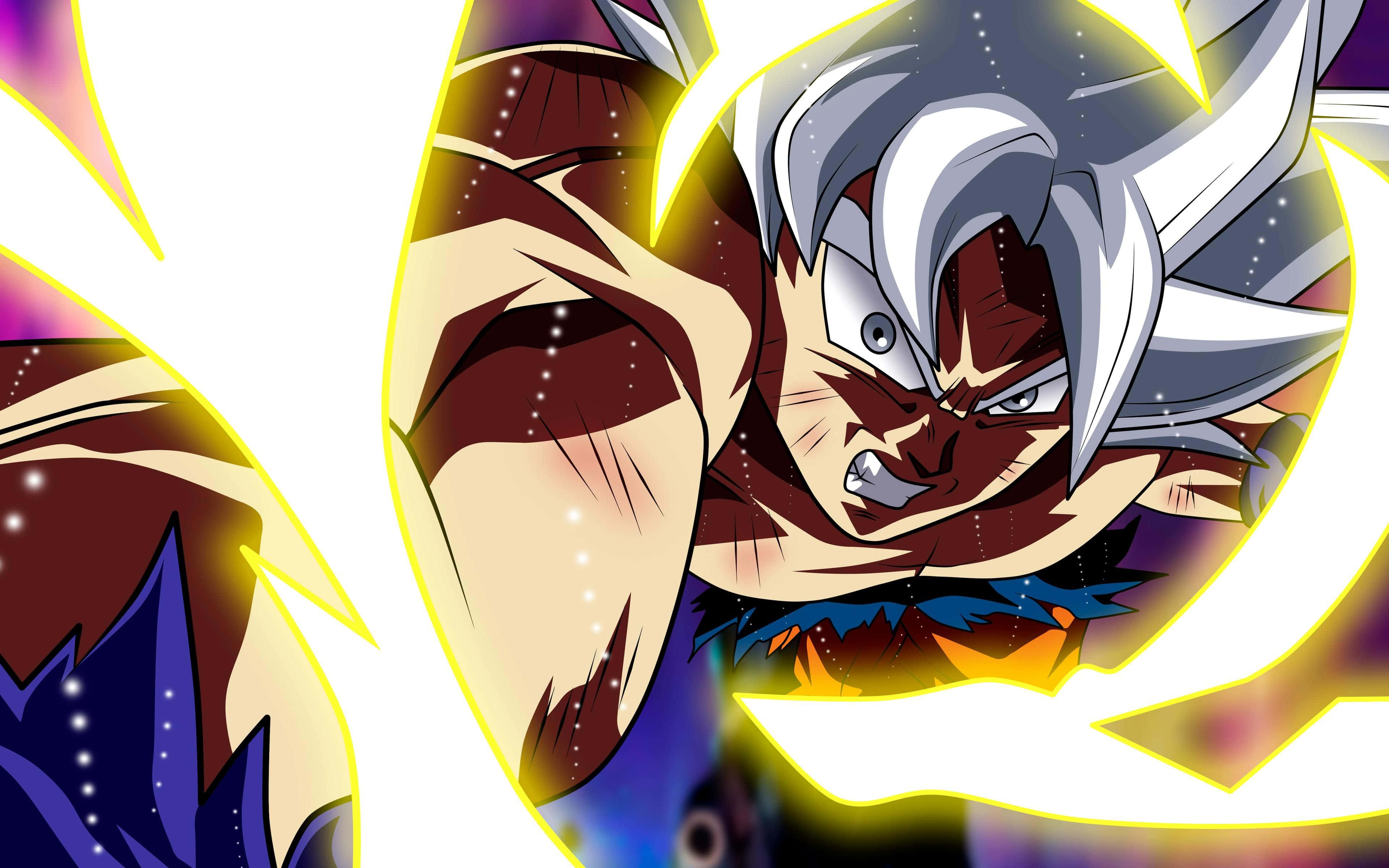 Mui Goku, silver hair, glowing aura, 4K Desktop Wallpaper
