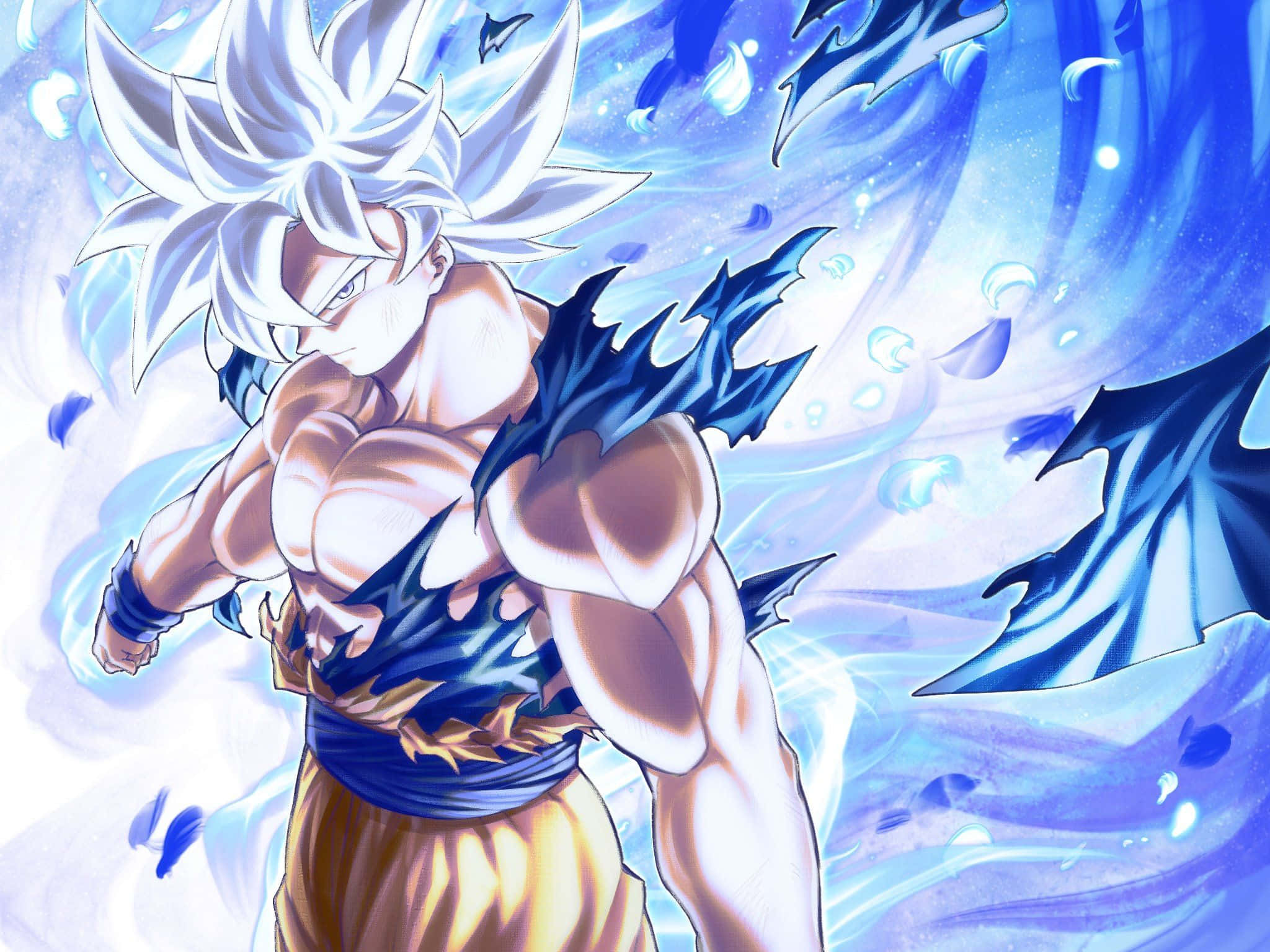 Mui Goku, white spiky hair, blue energy aura, Full HD Desktop Wallpaper