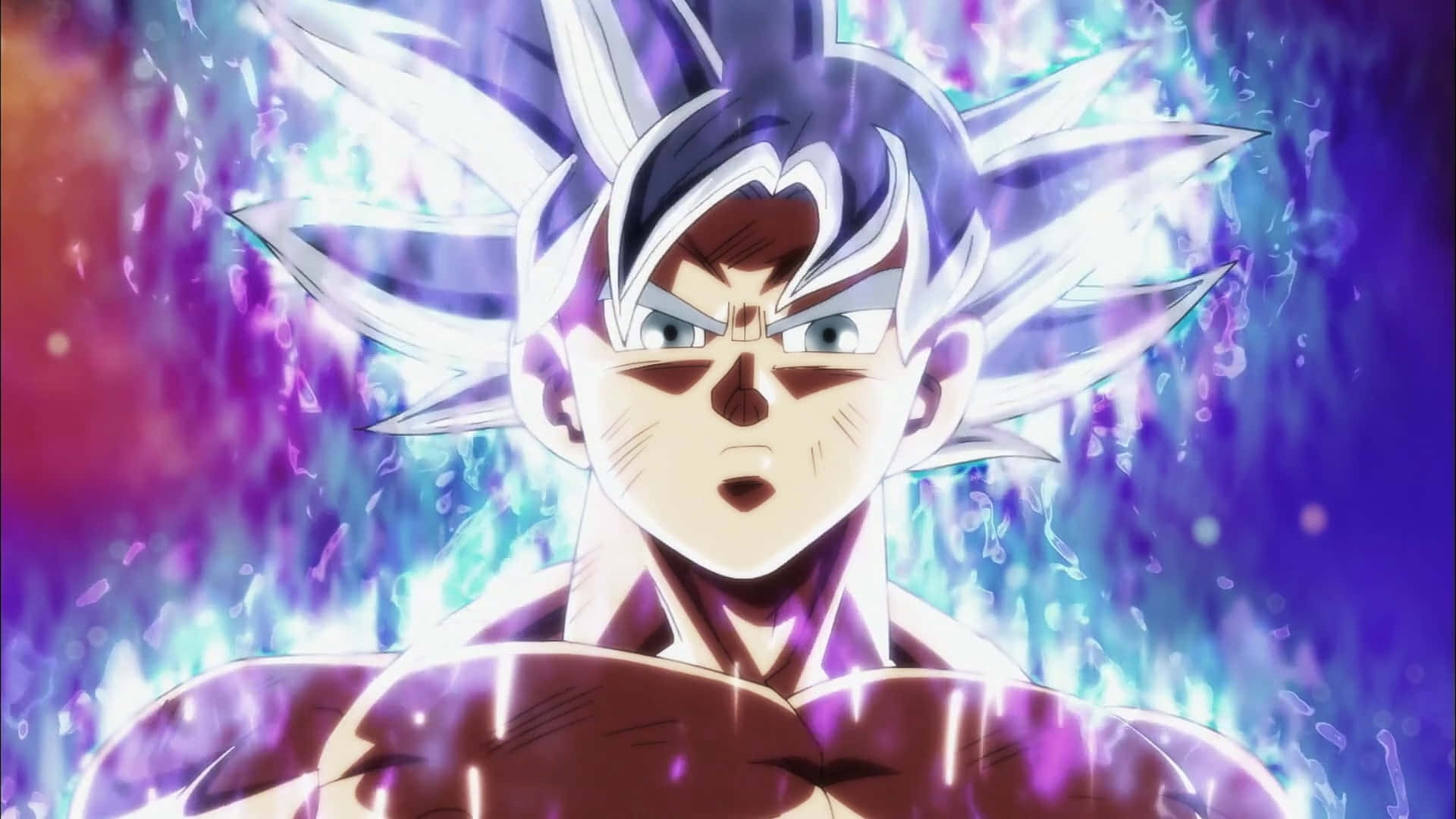 Mui Goku, spiky white hair, glowing aura, Full HD Desktop Wallpaper