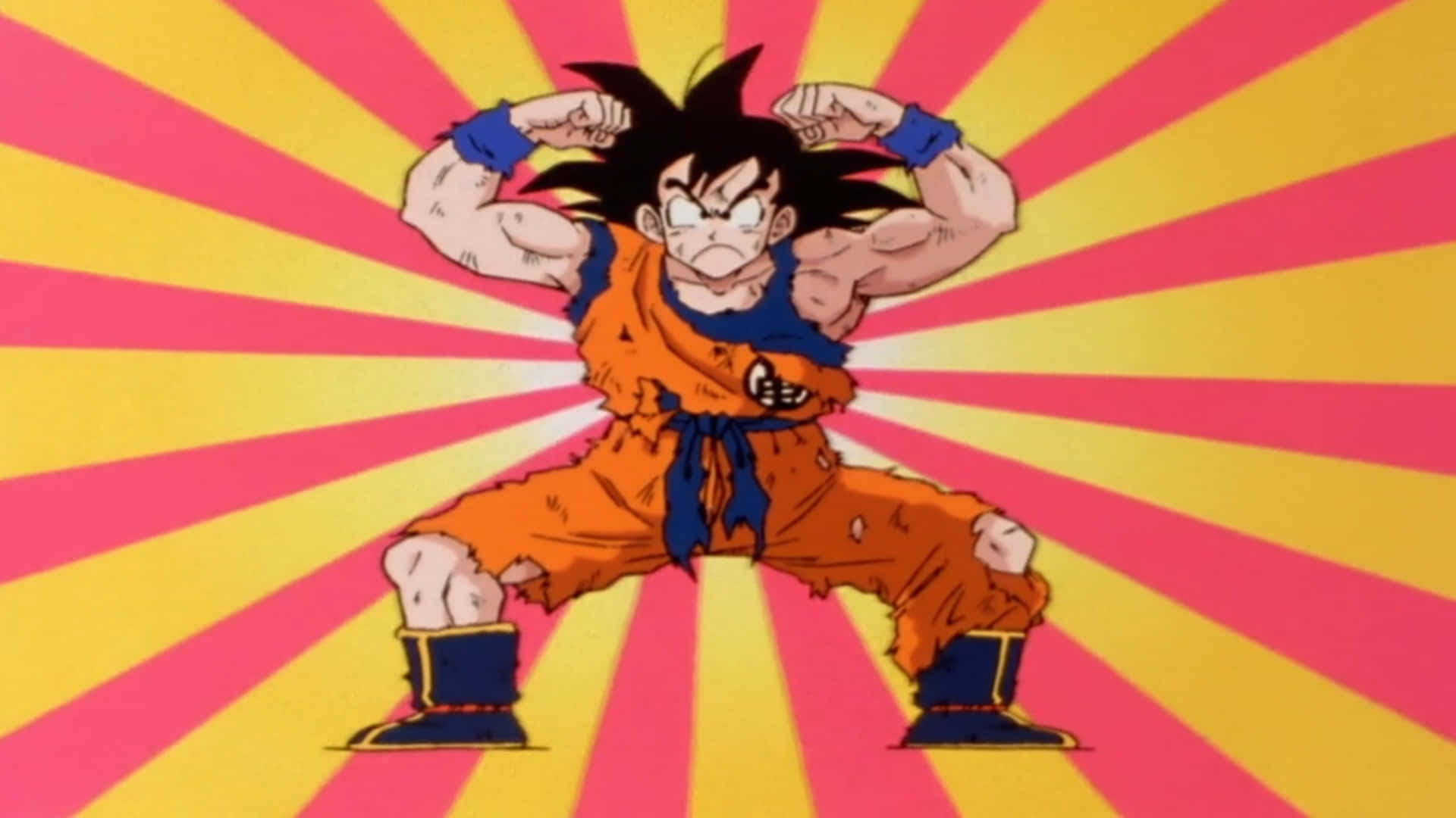 Goku, pink and yellow sunburst background, anime character, Full HD Desktop Wallpaper