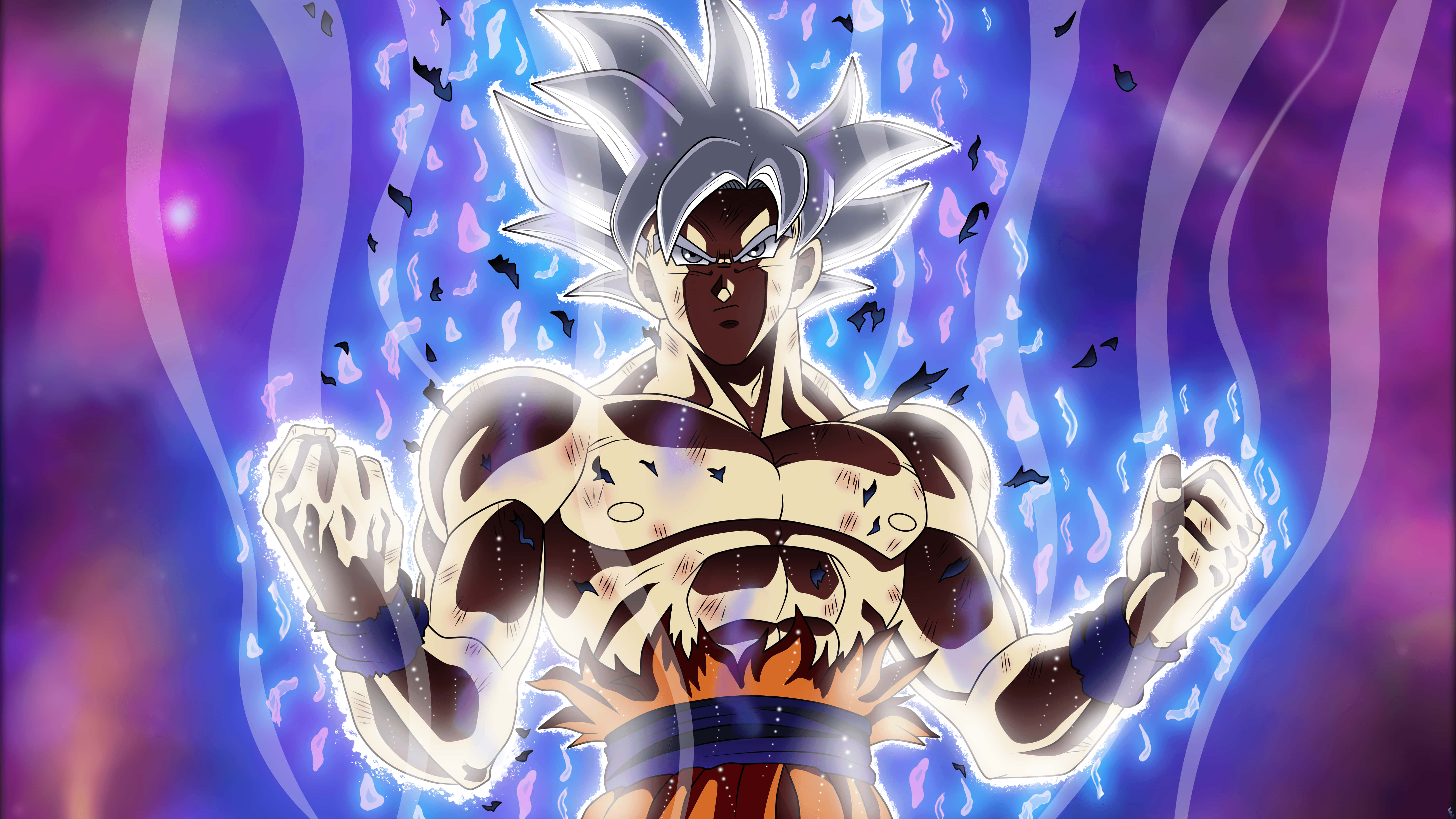 Goku, spiky silver hair, glowing aura, 5K Desktop Wallpaper