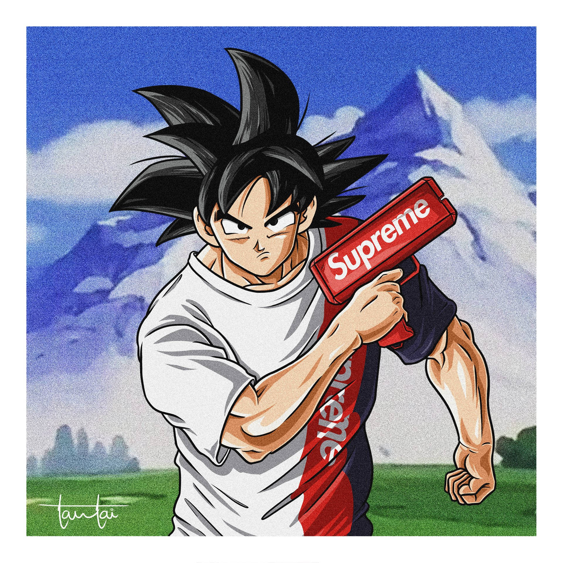 Goku, spiky black hair, red Supreme box, Full HD Desktop Wallpaper