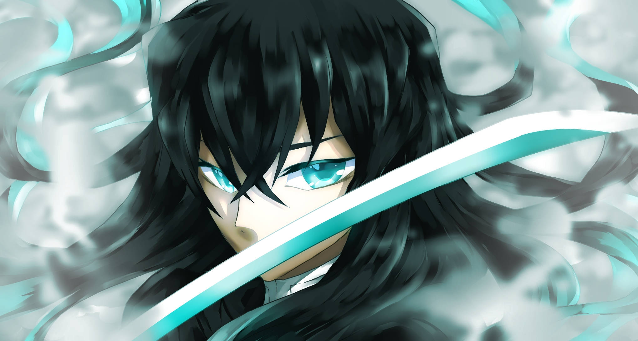 Muichiro Tokito, glowing cyan sword, swirling mist, Full HD Desktop Wallpaper