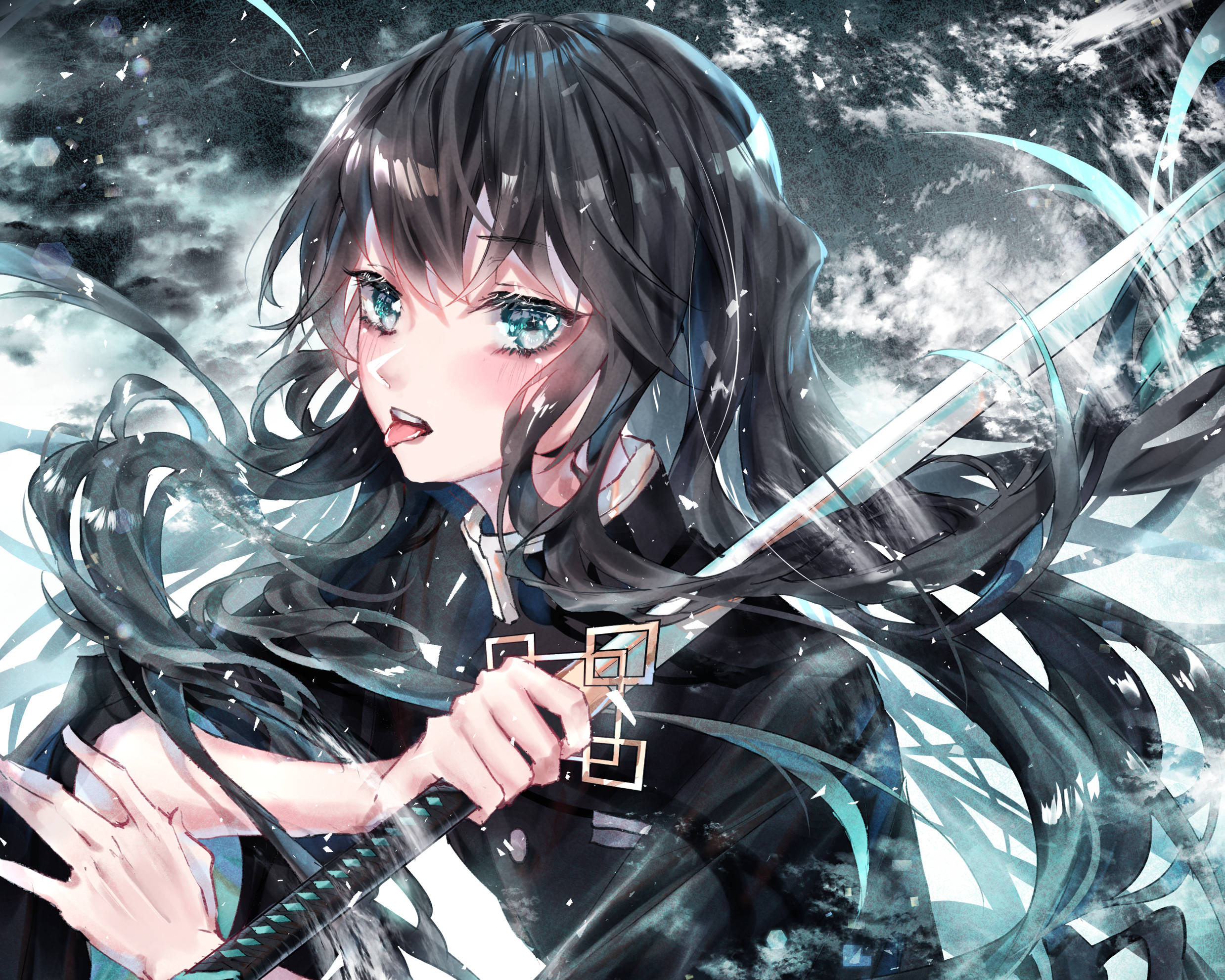 Muichiro Tokito, long dark hair, glowing blue eyes, Full HD Desktop Wallpaper
