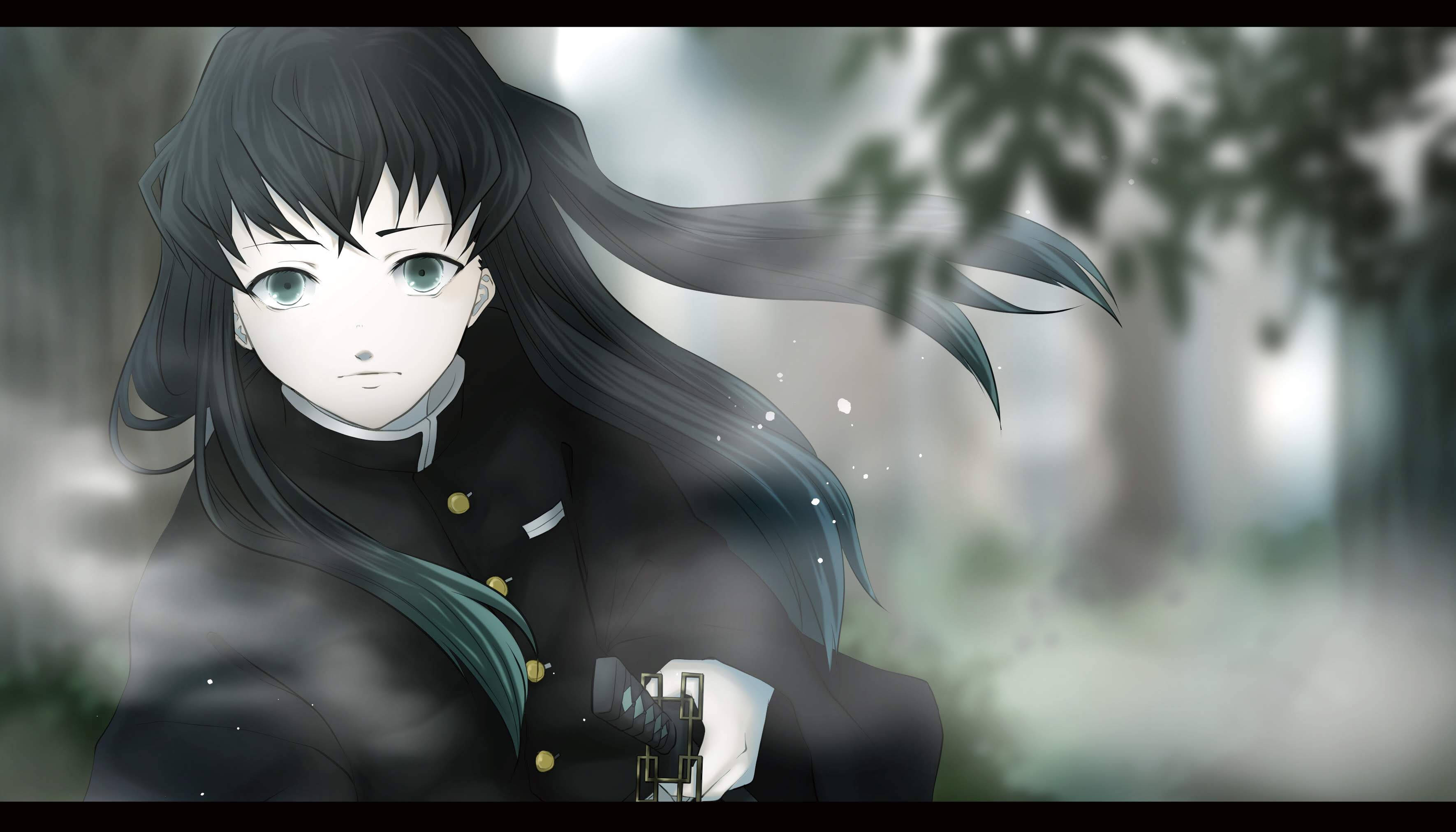 Muichiro Tokito, long black hair, green eyes, 2K Desktop Wallpaper