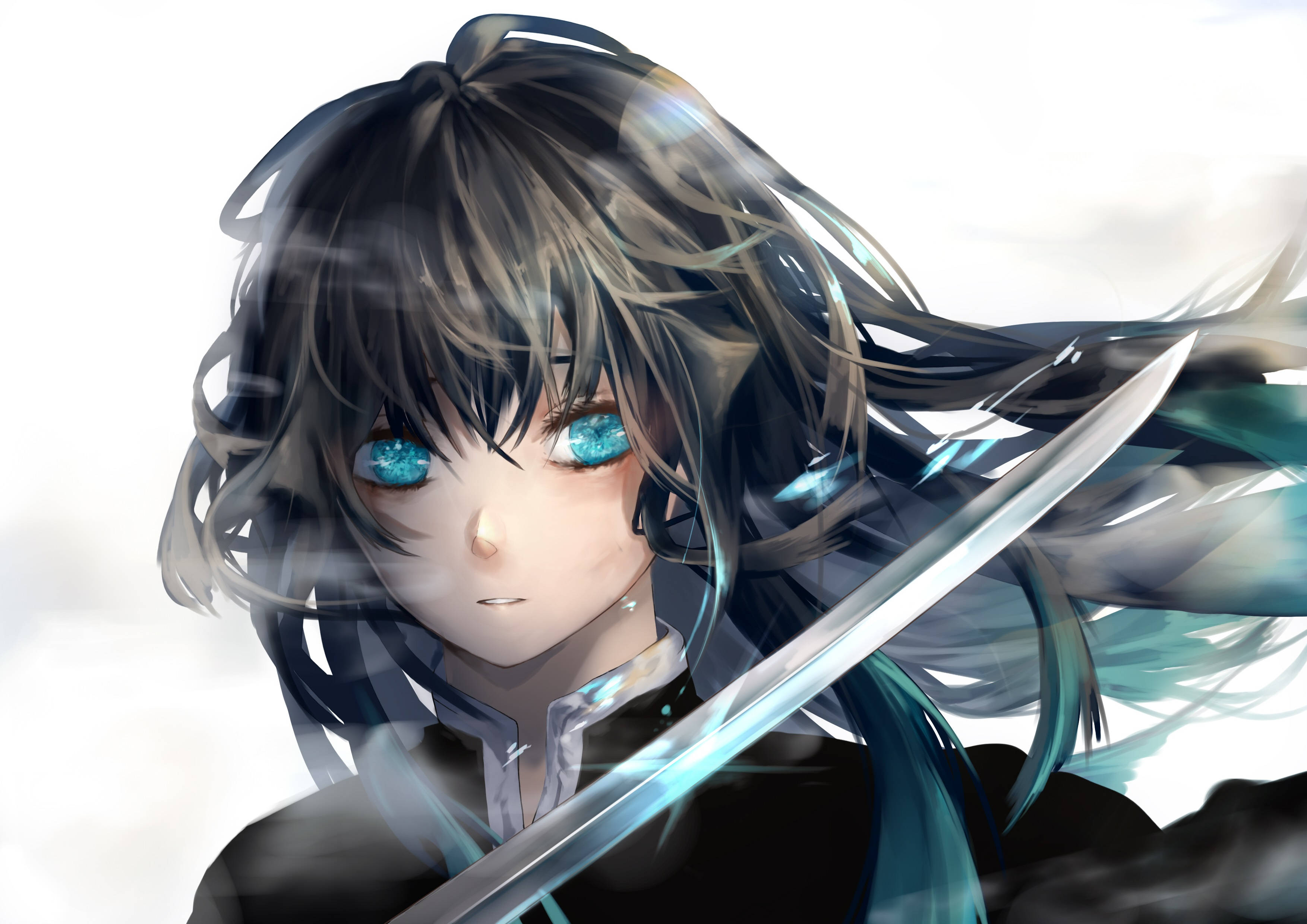 Muichiro Tokito, glowing blue eyes, dark hair, 2K Desktop Wallpaper