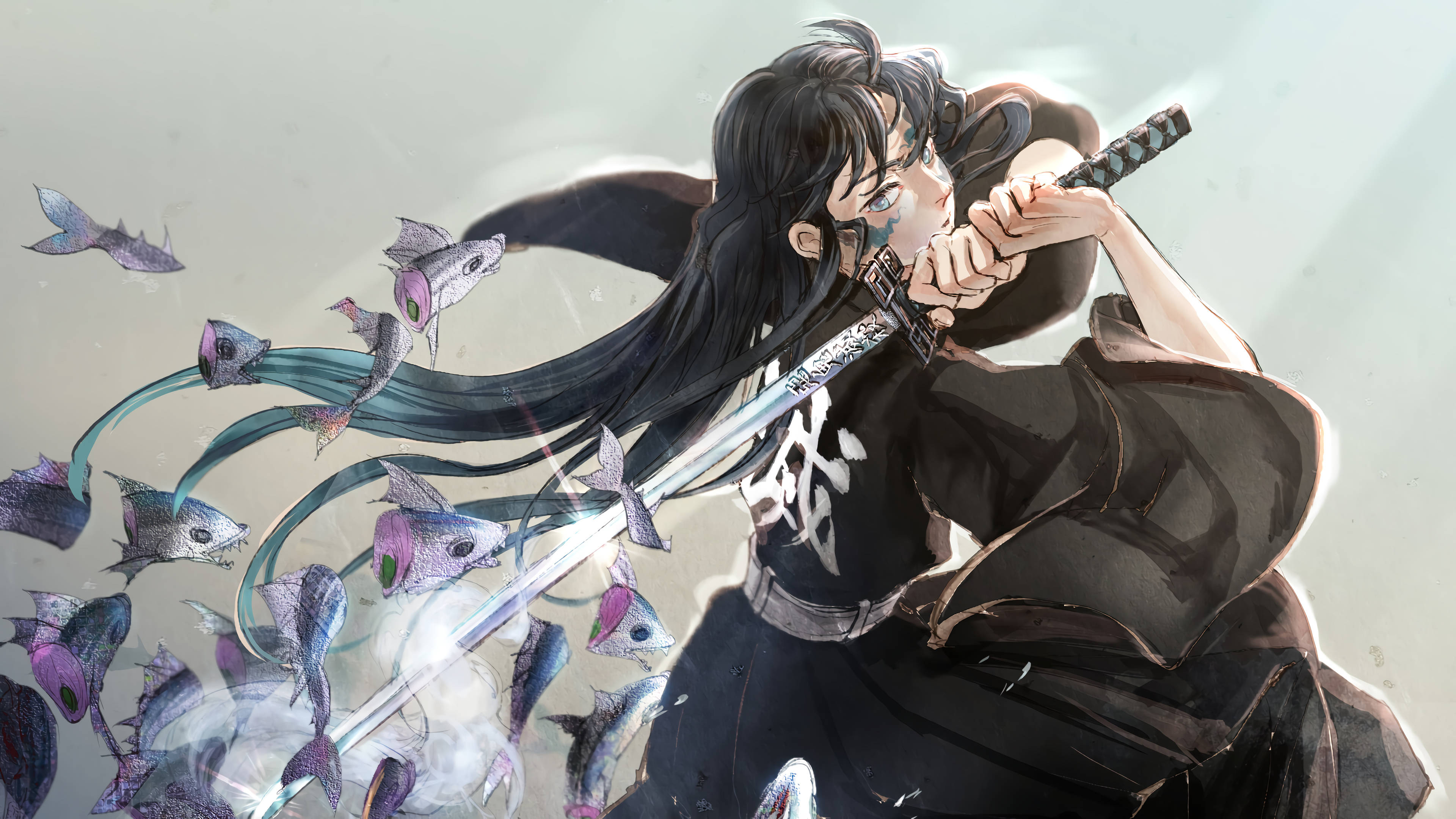 Muichiro Tokito, black kimono, glowing sword, 4K Desktop Wallpaper