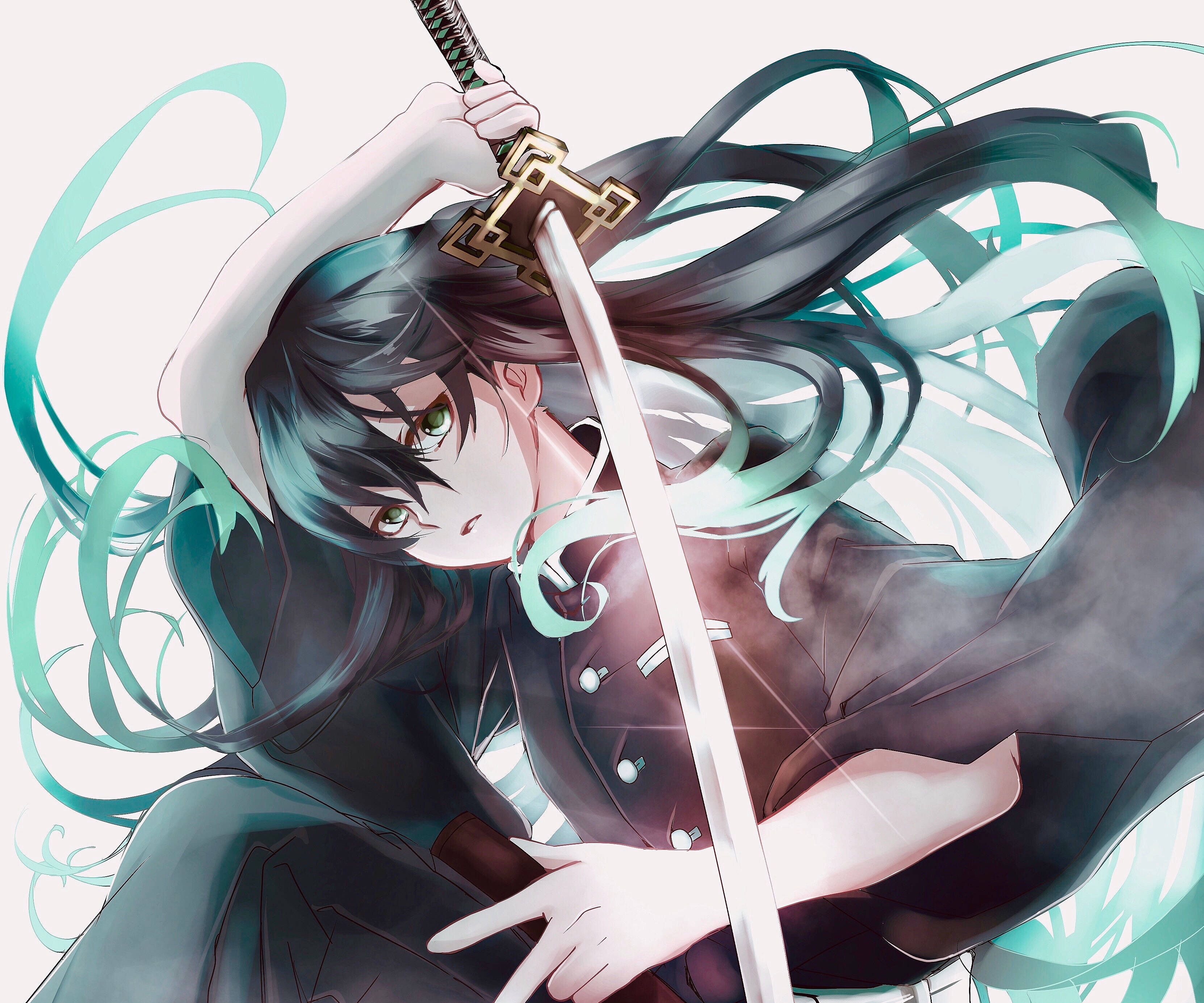 Muichiro Tokito, teal hair, green eyes, 2K Desktop Wallpaper
