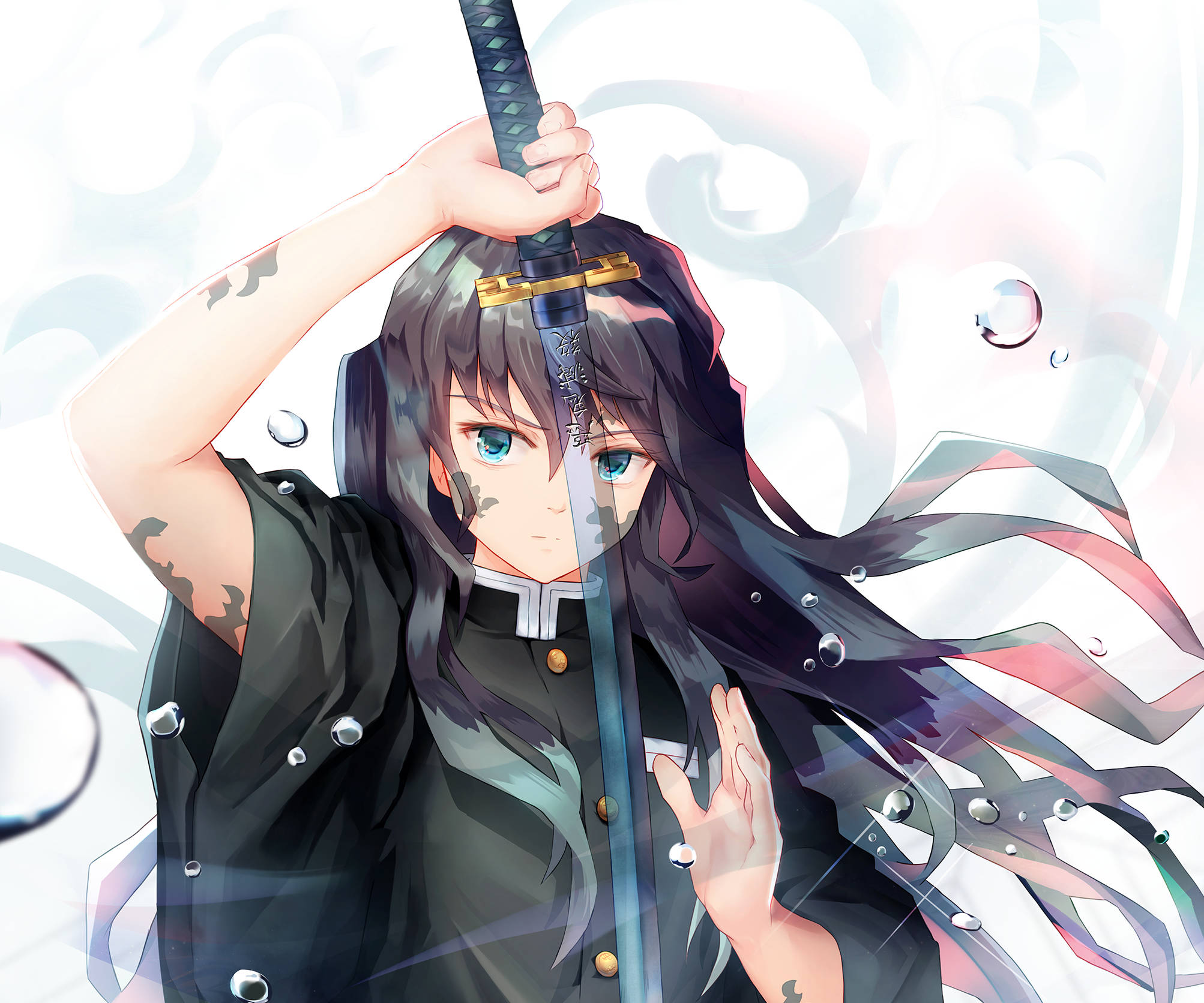 Muichiro Tokito, dark markings, long dark hair, Full HD Desktop Wallpaper