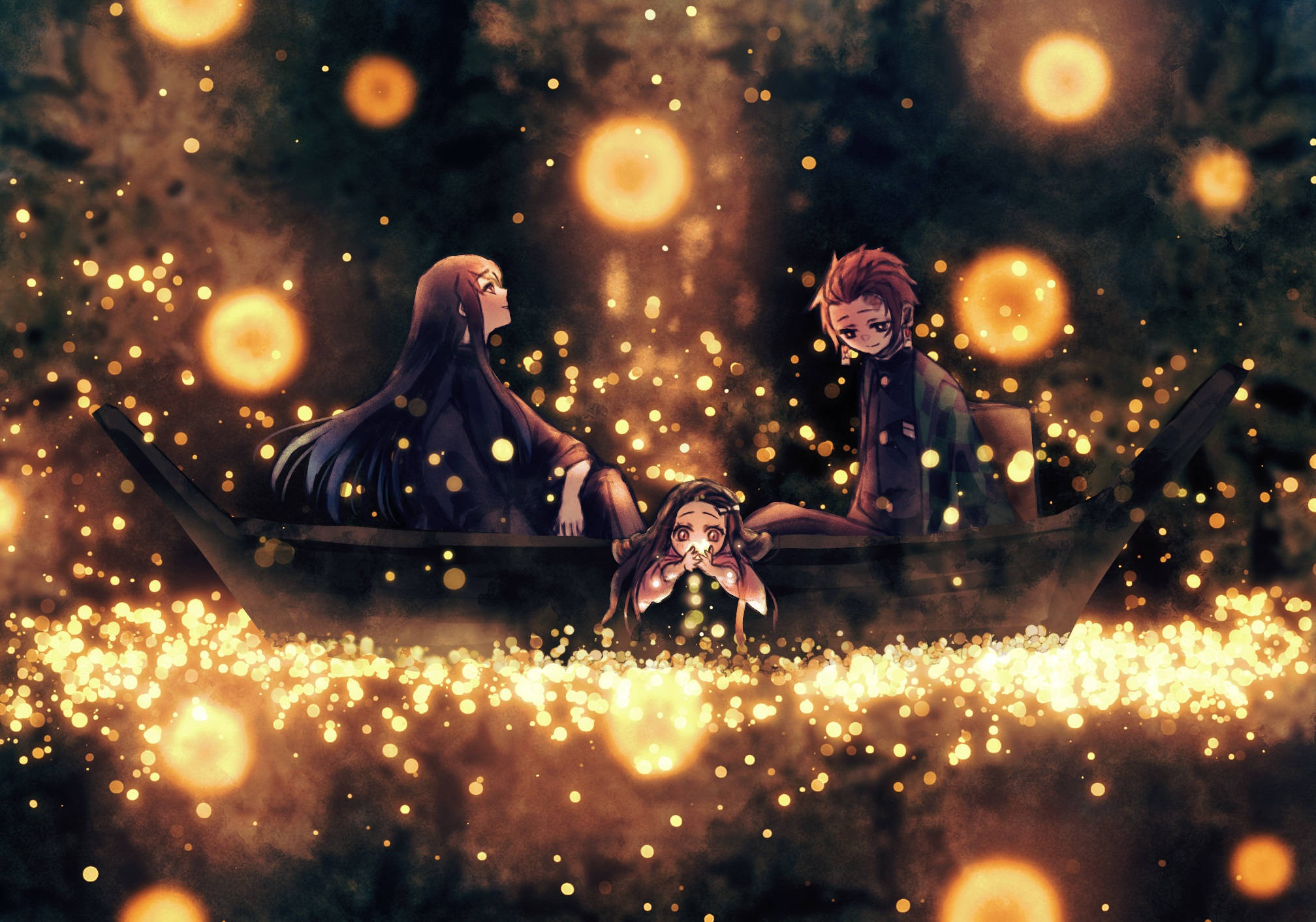 Muichiro Tokito, fireflies, boat, Full HD Desktop Wallpaper