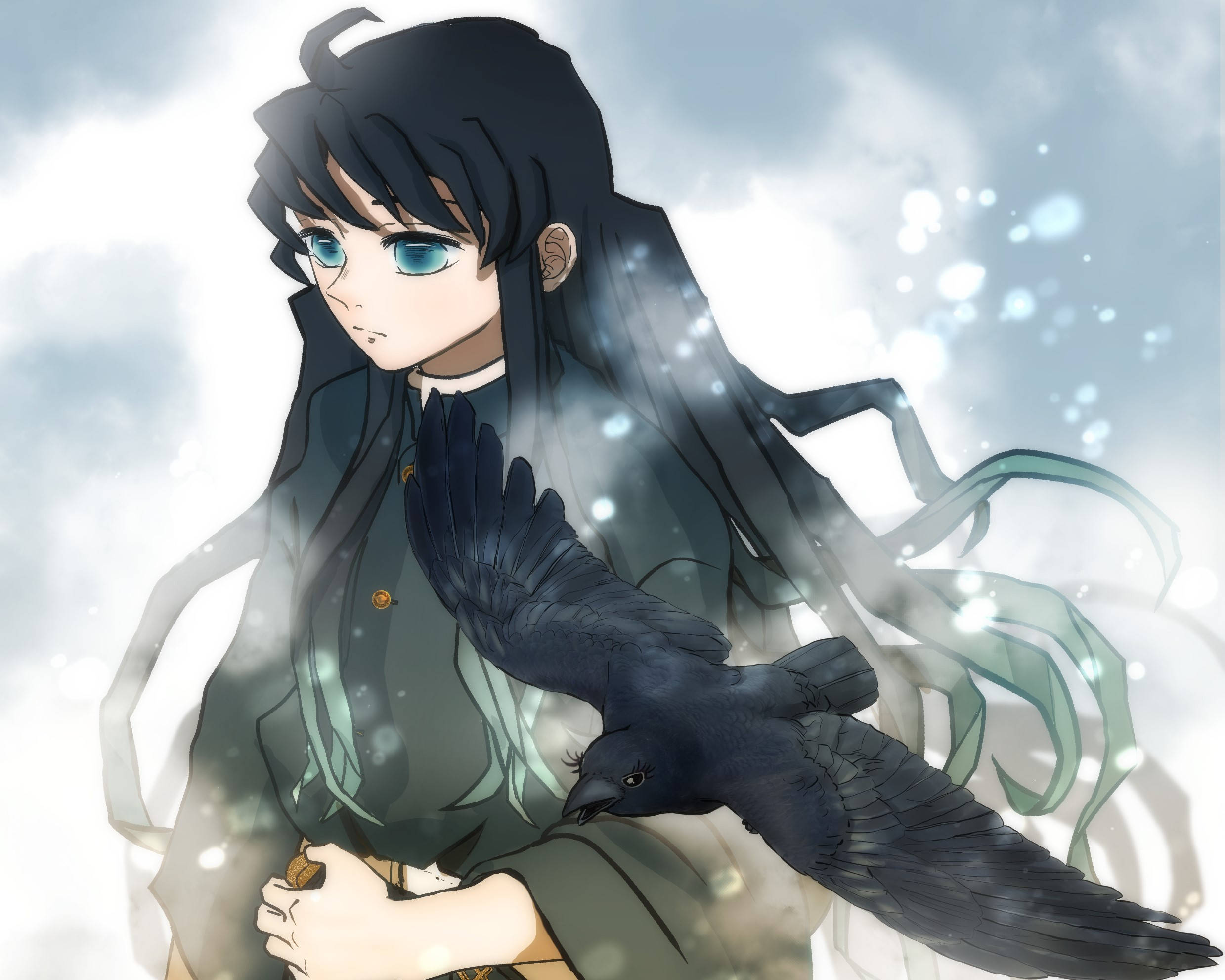 Muichiro Tokito, crow, long black hair, Full HD Desktop Wallpaper