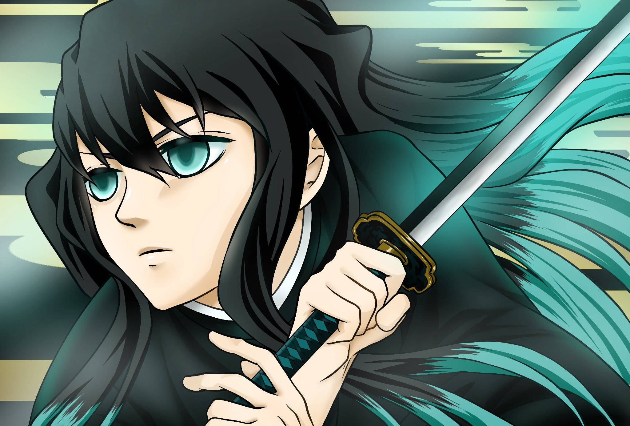 Muichiro Tokito, teal eyes, black hair, Full HD Desktop Wallpaper