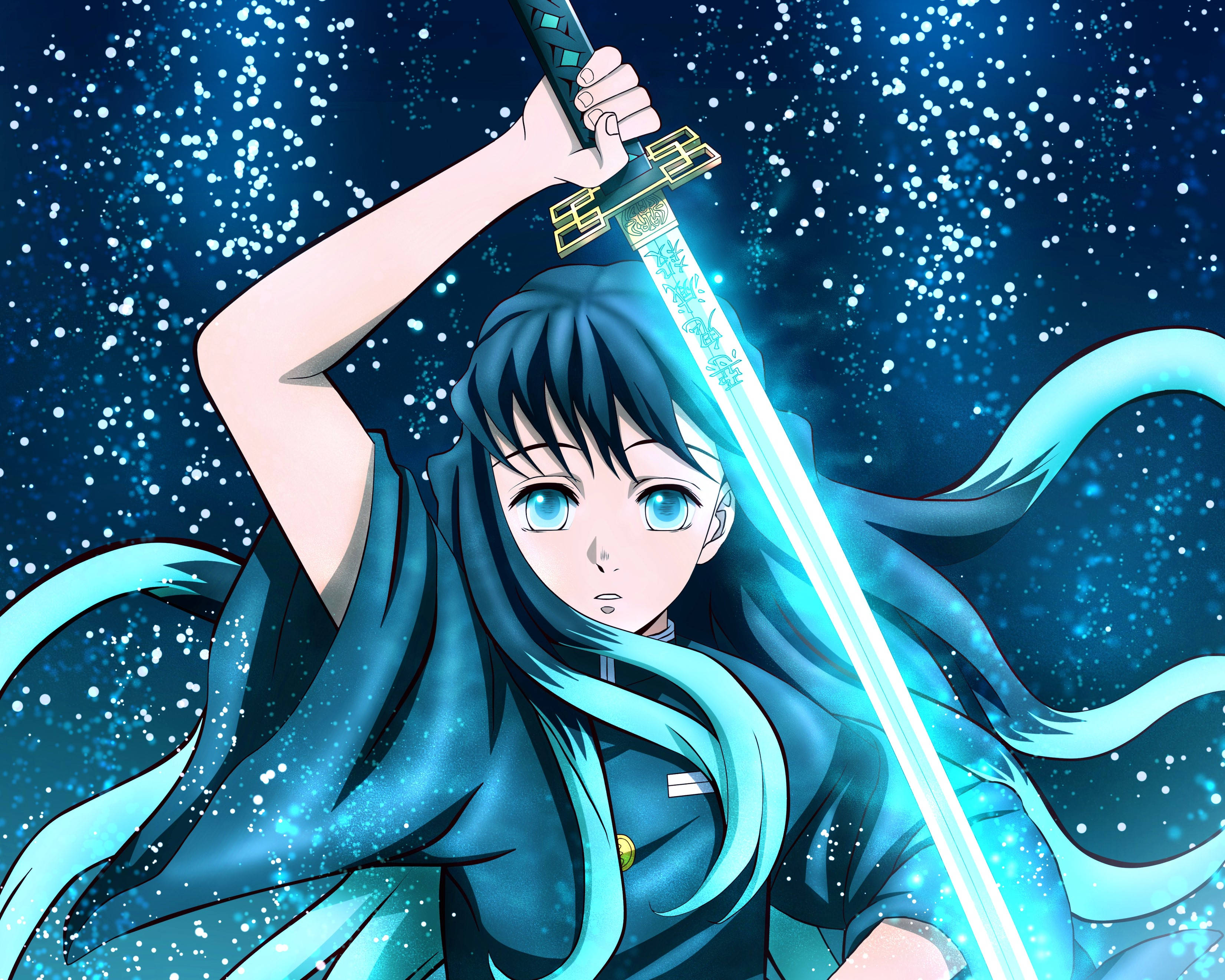 Muichiro Tokito, glowing blue sword, glowing blue hair, 2K Desktop Wallpaper