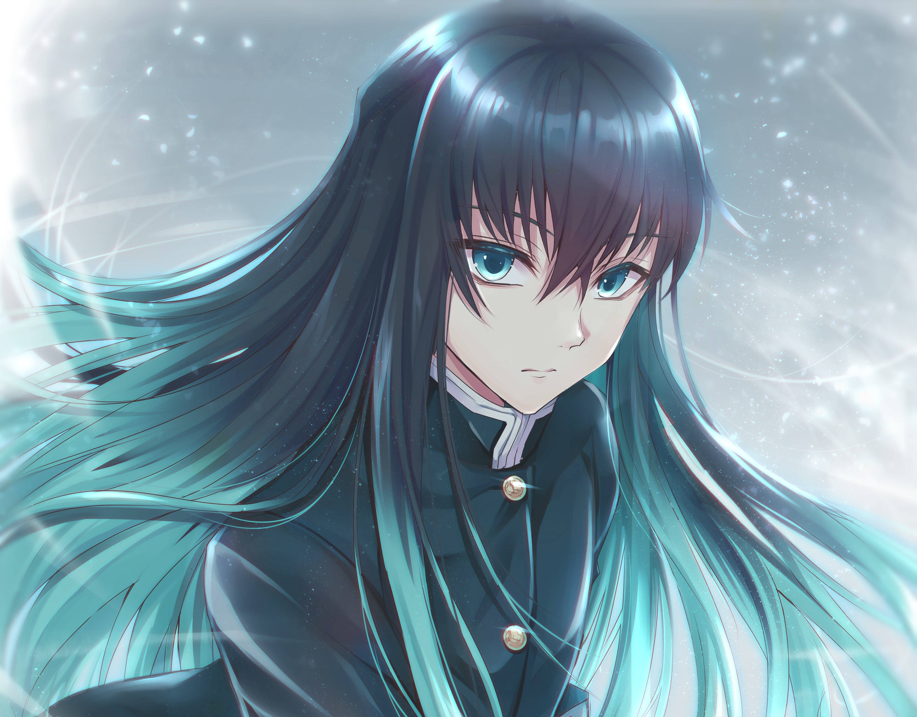 Muichiro Tokito, long green hair, teal hair, 2K Desktop Wallpaper